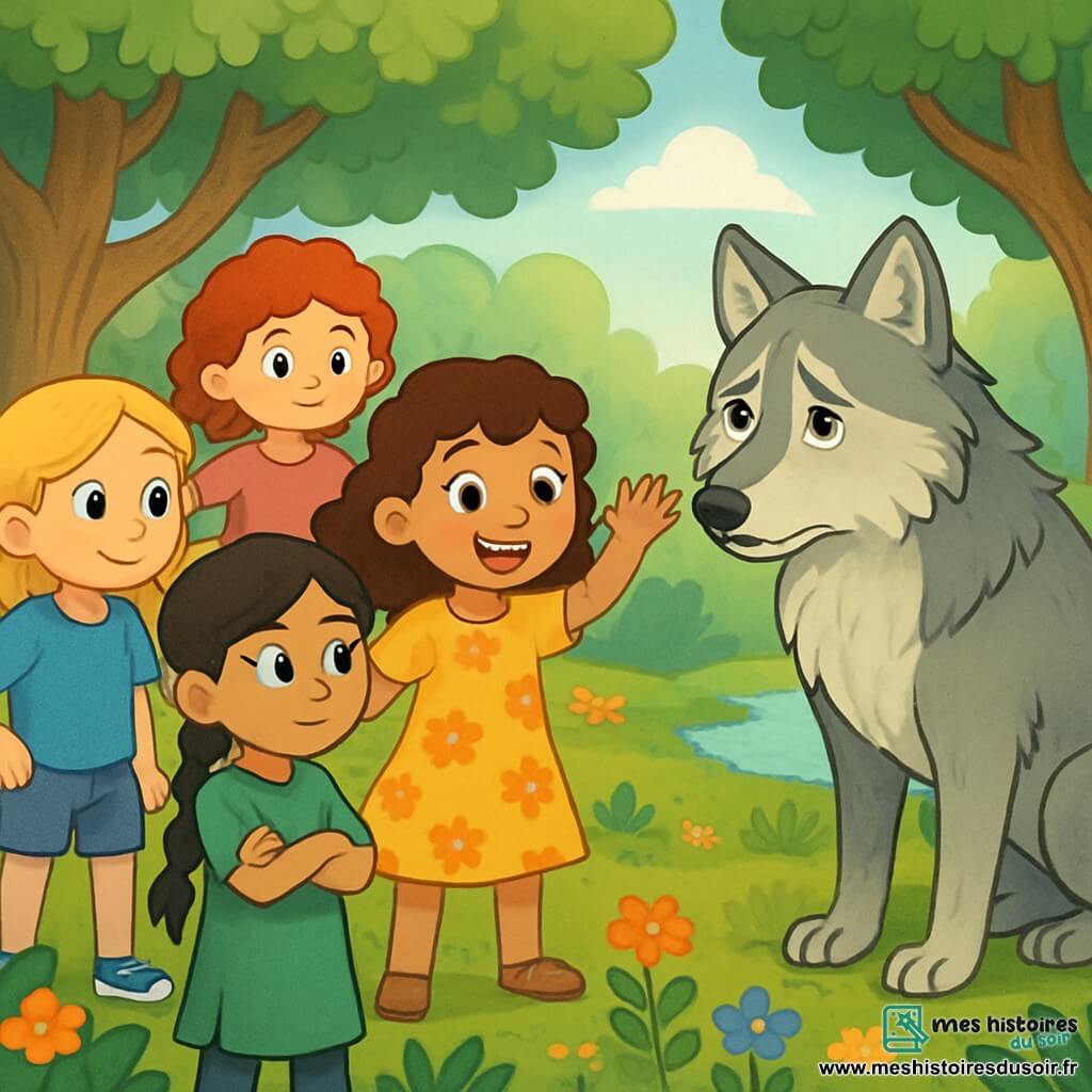 Cinq personnages sont présents : Clara, une fille de 10 ans aux cheveux bruns et bouclés, souriante au centre avec une robe jaune ; Lila, à gauche, avec des cheveux blonds et un t-shirt bleu, curieuse face au loup ; Jade, à droite, avec des cheveux noirs en tresse et une tunique verte, montrant de la prudence ; Zoé, derrière Clara, avec des cheveux roux et une robe rose, affichant un air déterminé. Le loup, majestueux avec un pelage argenté, se tient devant elles, triste mais plein d'espoir. L'action se déroule dans une clairière enchantée au cœur d'une forêt magique, entourée d'arbres et de fleurs, avec un ruisseau à proximité. Les filles, bien que nerveuses, sont déterminées à aider le loup à briser sa malédiction.