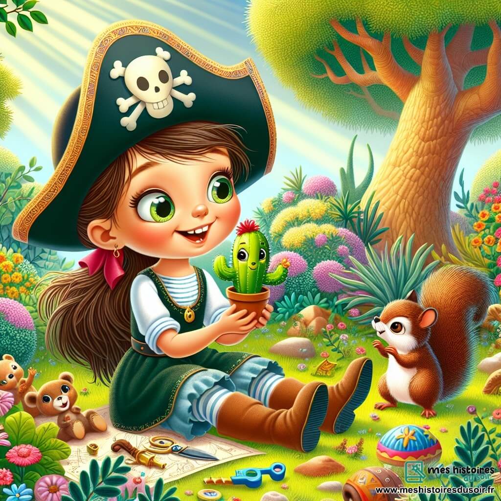 Une petite fille de 8 ans, avec de longs cheveux bruns et des yeux curieux, est assise dans l'herbe du jardin. Elle porte un chapeau de pirate en papier, sourit et tient un cactus en plastique nommé Cactusou. À côté d'elle, un écureuil nommé Émile, espiègle et vif, se tient sur ses pattes arrière, prêt à l'aider. Le jardin est rempli de fleurs colorées et un grand arbre majestueux se dresse en arrière-plan. Léa et Émile cherchent Cactusou, affichant détermination et excitation, tandis que des rayons de soleil créent une ambiance chaleureuse.
