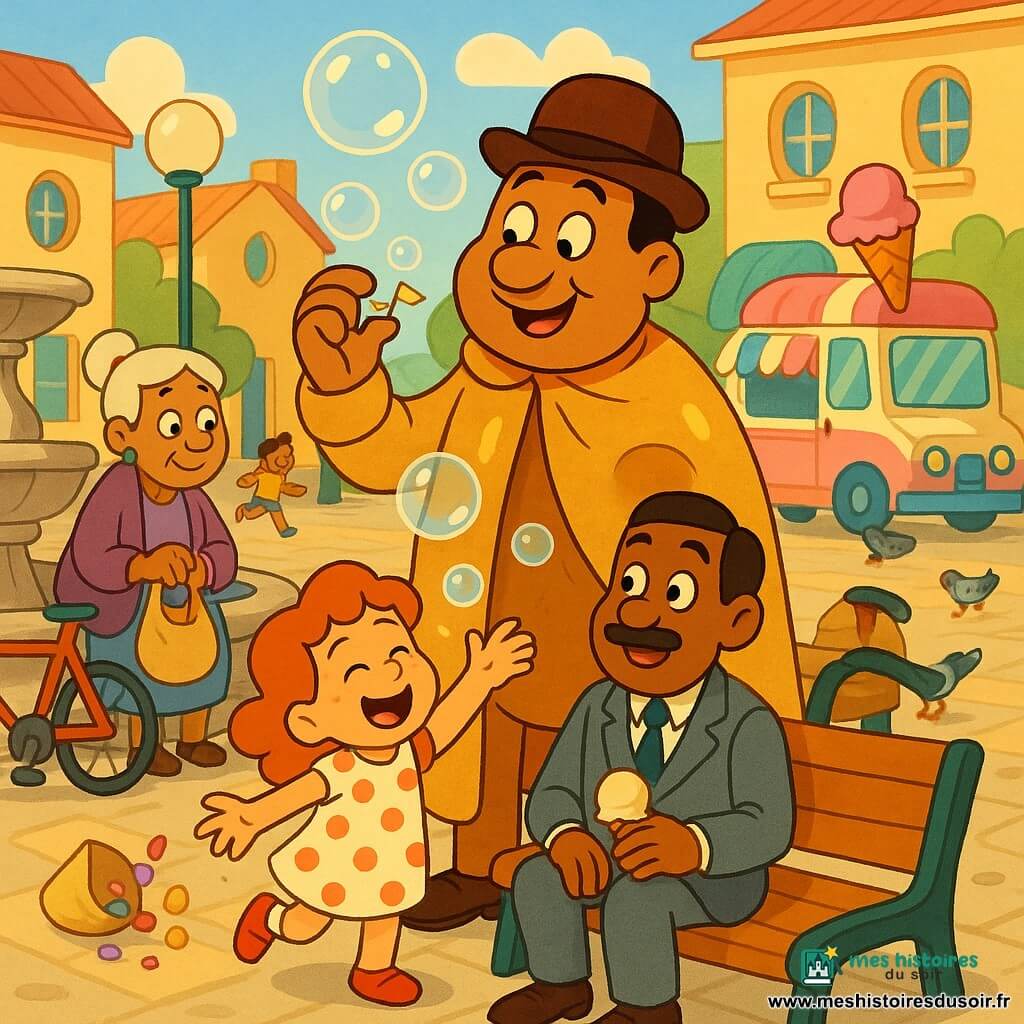 Monsieur Biscotte, grand et rond, souriant, en cape biscuit doré et chapeau melon, souffle des bulles scintillantes; à sa droite une fillette rousse en robe à pois tente d’en attraper une, derrière lui un homme sérieux au costume gris, moustachu, a une boule de glace sur le nez et sourit, à gauche une vieille dame au chignon laisse tomber des bonbons près d’un vélo contre la fontaine; sur la place pavée avec grande fontaine, lampadaires et bâtiments pastel, un camion de glaces parcé et des pigeons; scène comique et lumineuse où les bulles ramènent les glaces au camion et rassemblent les bonbons dans le sac, style cartoon années 90, couleurs chaudes et traits arrondis.