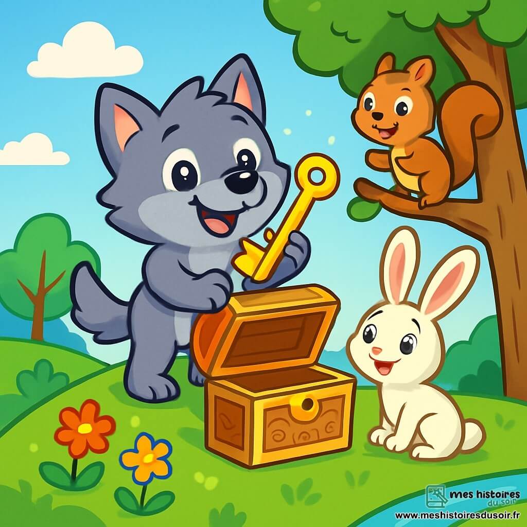 Un petit loup nommé Léo, avec un pelage gris et des yeux brillants, se tient joyeusement au sommet d'une colline enchantée, souriant. Il tient une clé dorée dans ses pattes avant, regardant un coffre ancien en bois, ouvert devant lui. À proximité, un écureuil curieux l'observe depuis une branche, tandis qu'un lapin aux grandes oreilles blanches se tient près de la base de la colline, prêt à bondir de joie. La colline est verdoyante, avec de l'herbe scintillante sous un ciel bleu clair et des fleurs colorées qui dansent au vent. Léo découvre le trésor caché, entouré de ses amis, dans un moment de bonheur et d'émerveillement.