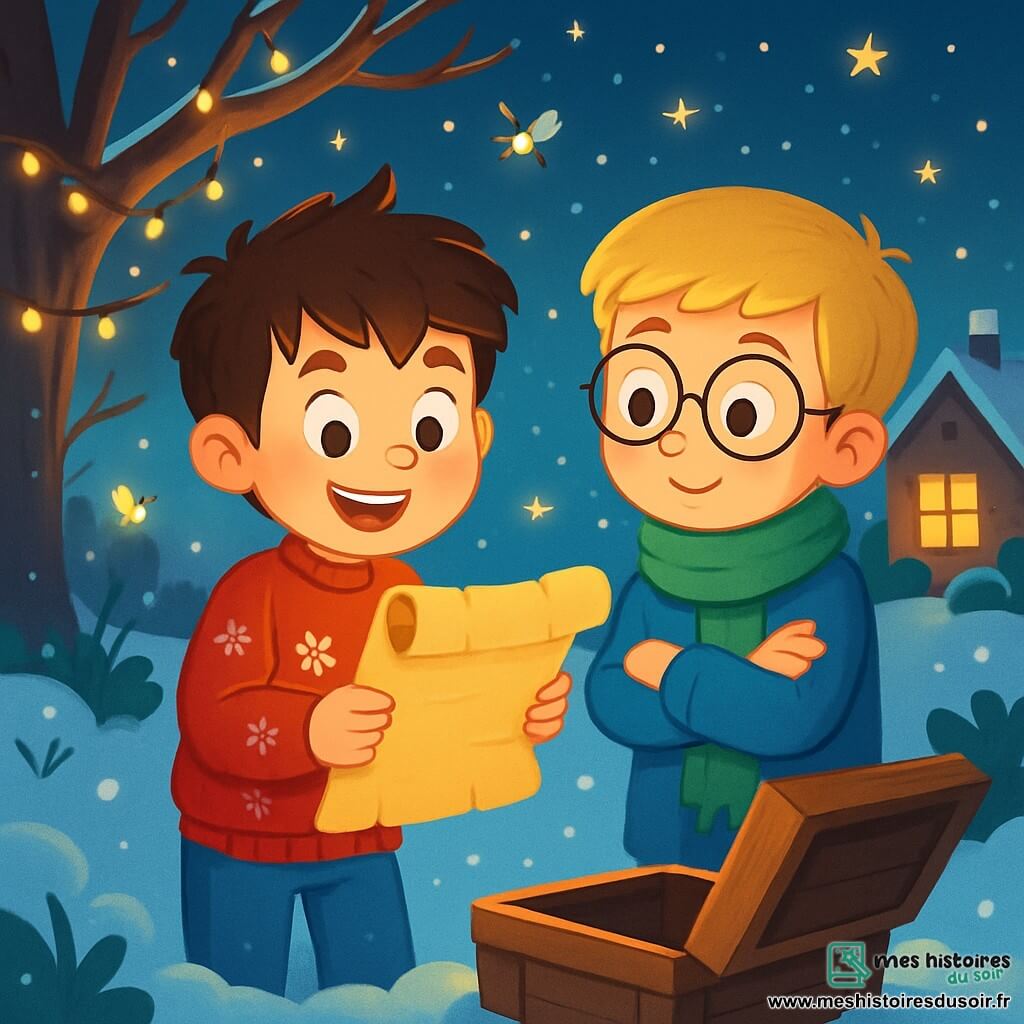 Il y a deux personnages principaux : Maxime, un garçon de 8 ans aux cheveux châtains en bataille, portant un pull rouge et un pantalon bleu, qui tient un vieux parchemin avec un grand sourire ; et Lucas, également âgé de 8 ans, avec des cheveux blonds et des lunettes rondes, portant une écharpe verte et un manteau bleu, regardant le parchemin avec émerveillement. L'histoire se déroule dans un jardin enneigé, éclairé par des étoiles et des lucioles, avec des flocons de neige tombant doucement. En arrière-plan, un vieux cerisier décoré de guirlandes lumineuses et une petite maison chaleureuse sont visibles. Maxime et Lucas découvrent un vieux parchemin au fond d'une malle, qui les guide vers une aventure magique pour le Nouvel An, dans une ambiance festive.