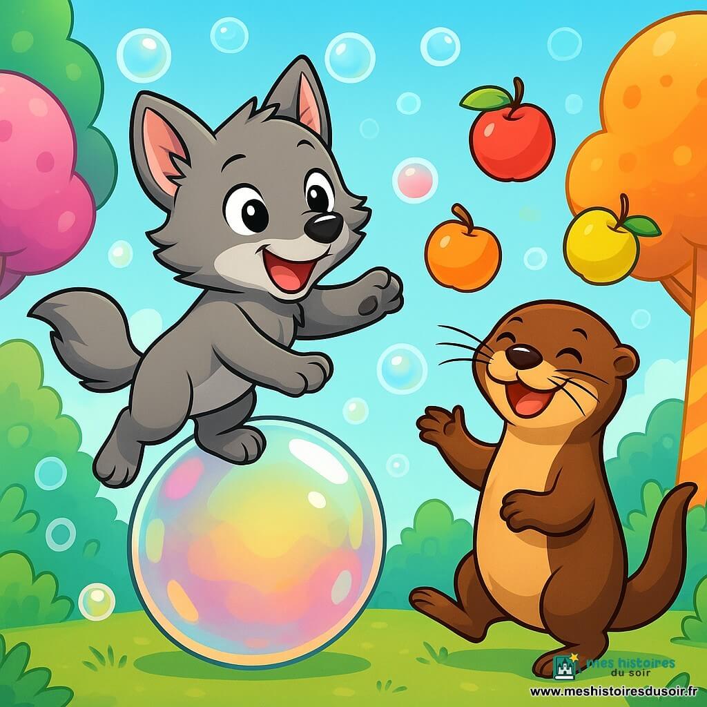 Léo, un petit loup au pelage gris et aux yeux curieux, saute sur une bulle géante, émerveillé. À ses côtés, sa meilleure amie Louna, une loutre malicieuse au pelage brun, jongle avec des pommes colorées, souriante. Ils se trouvent dans une forêt enchantée, où des arbres ressemblent à des sucettes et des bulles scintillantes flottent, créant une ambiance magique. Ils s'amusent dans la Cour des Bulles, entourés de bulles colorées, prêts à franchir une bulle dorée qui s'ouvre vers un monde merveilleux.