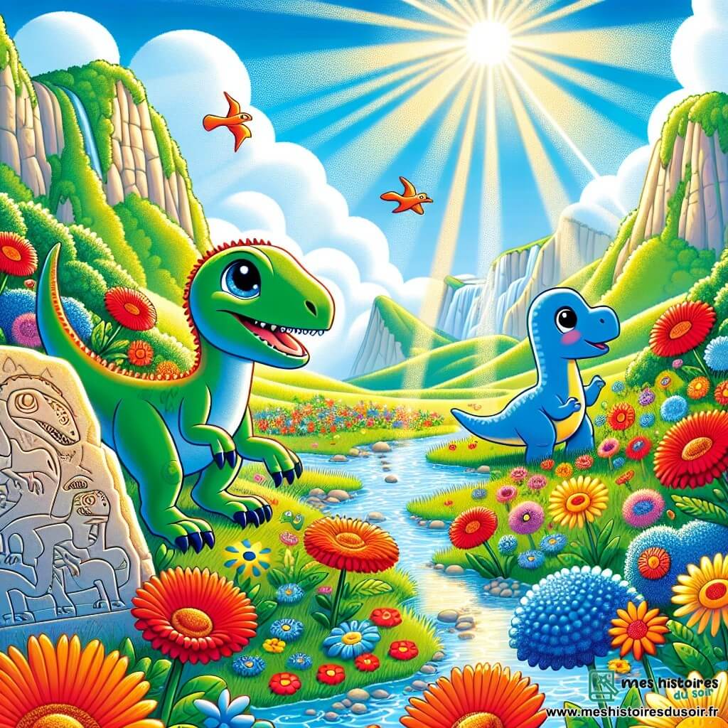 Un vélociraptor nommé Vivien, avec un plumage vert éclatant et des yeux curieux, explore un sentier secret dans la vallée des dinosaures. Joyeux, il observe son environnement avec émerveillement. À ses côtés, Dino, un petit diplodocus bleu, s'approche des fleurs colorées, souriant. La vallée ensoleillée est remplie de grandes fleurs dansantes et d'un ruisseau scintillant, créant une ambiance magique. Vivien et Dino découvrent des dessins anciens de dinosaures gravés sur un rocher, captivés par cette merveille, sous la lumière du soleil.