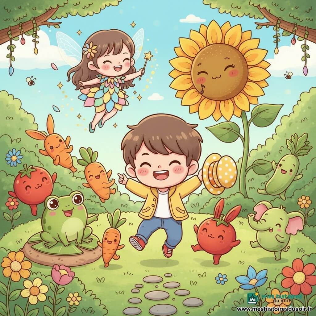 Un garçon de 4 ans joyeux, cheveux bruns courts, veste jaune et chaussures rouges, tient un chapeau à pois et saute au centre d'un jardin enchanté en plein jour ; la fée Paillette, jeune, en robe de pétales pastel et ailes translucides, vole au-dessus en agitant une baguette qui laisse des poussières dorées ; Gigi la grenouille verte, ronde, rit assise sur un nénuphar et pointe une carotte dansante ; un grand tournesol anthropomorphe souriant se penche protecteur derrière eux tandis que des légumes-animaux colorés dansent autour (carottes sautantes, tomates-lapins, courgettes-« éléphants ») ; ambiance festive et ludique, couleurs vives, silhouettes rondes, traits doux, composition centrée et accueillante pour les enfants.