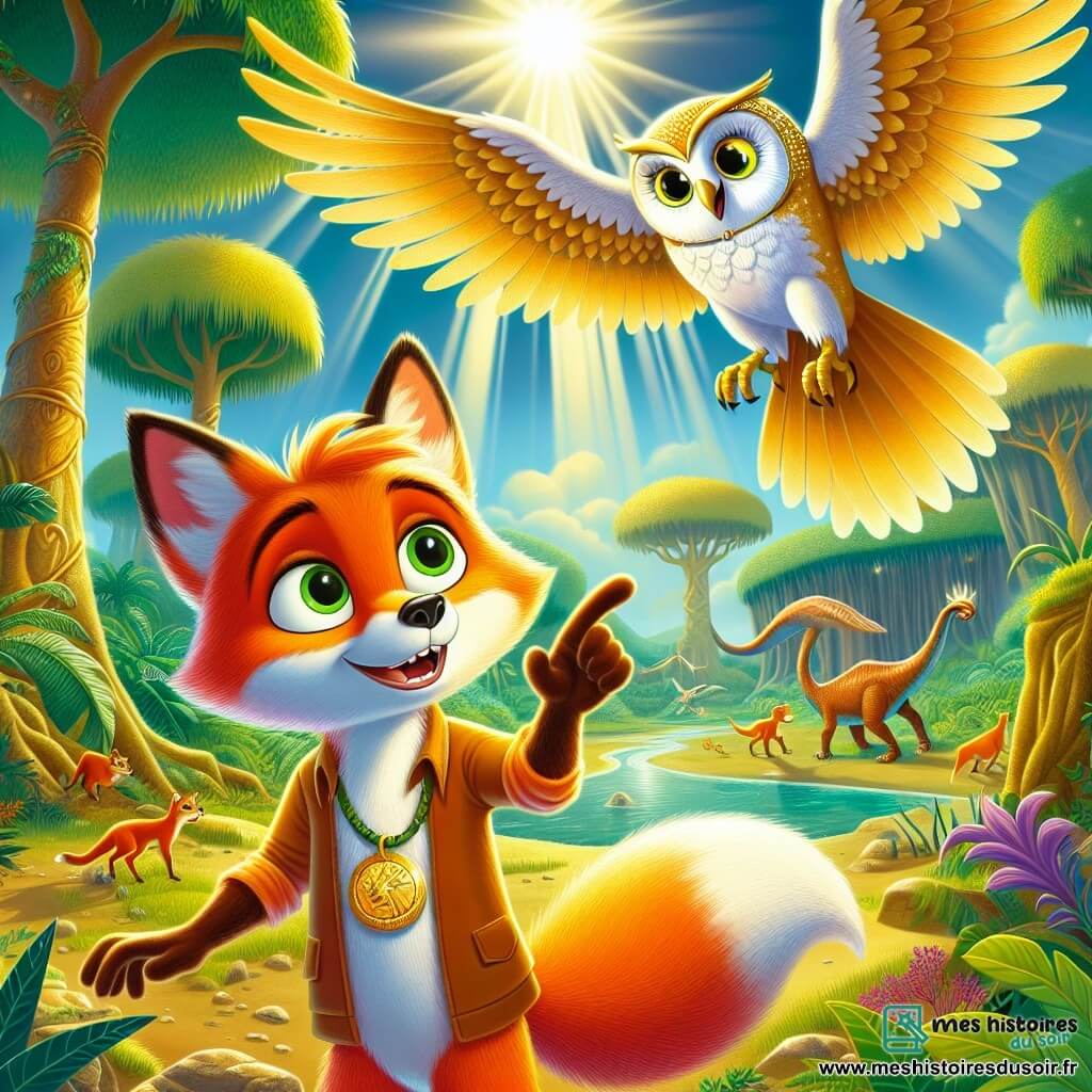Félix, un jeune renard rusé au pelage orange vif et aux yeux curieux, se tient au centre, émerveillé par un collier mystérieux brillant autour de son cou. À ses côtés, Orphée, un hibou majestueux aux plumes dorées et aux yeux sages, flotte en souriant et pointe vers un paysage préhistorique fascinant. En arrière-plan, une jungle luxuriante s'étend, remplie d'arbres géants et de dinosaures broutant paisiblement dans une clairière ensoleillée. Félix, captivé par la magie du collier, est prêt à s'élancer dans une nouvelle aventure à travers le temps, tandis qu'Orphée lui explique les merveilles à découvrir ensemble.