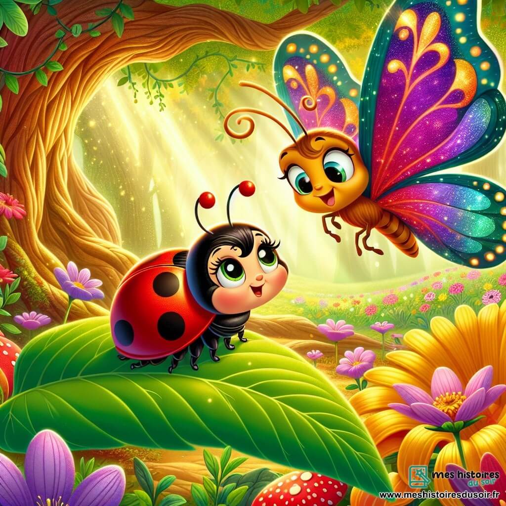 Une petite coccinelle nommée Lila, avec des ailes rouges éclatantes et des pois noirs, se tient sur une feuille verte, prête à s'envoler à la recherche d'un précieux pétale d'or. À ses côtés, un papillon majestueux aux ailes multicolores l'encourage en battant des ailes. La scène se déroule dans une forêt enchantée, baignée de lumière dorée, entourée de grandes fleurs colorées et d'un vieux chêne majestueux. Lila et le papillon s'apprêtent à partir ensemble, symbolisant l'amitié et le courage dans cette forêt pleine de vie.