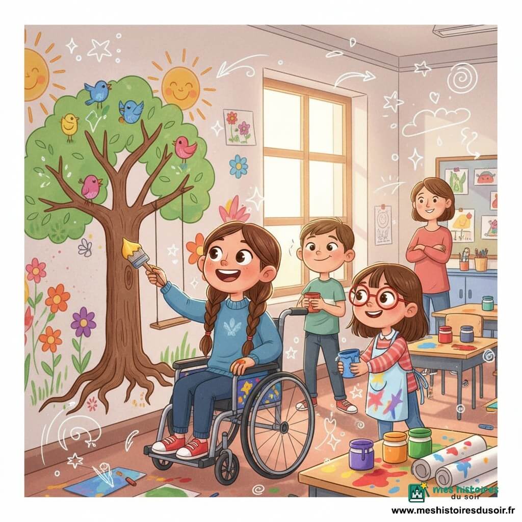 Une fillette de 6 ans, joyeuse et fière, sourit en peignant un arbre sur le mur de la classe ; elle a de longs cheveux bruns en tresse, un pull bleu et est assise dans un fauteuil roulant coloré, pinceau jaune à la main et peinture sur les doigts. Mila, environ 6 ans, lunettes rouges, souriante, lui tend un pot de peinture bleu et un tablier, tandis que Sami, garçon malicieux d’environ 6 ans, apporte un pot de peinture rouge depuis l’arrière. La maîtresse, vers 35 ans, souriante et bienveillante, observe la scène. La classe est lumineuse, murs couverts de dessins, une grande fenêtre laisse entrer le soleil ; la fresque montre déjà des oiseaux, un grand soleil et des fleurs, et la fillette peint au centre un arbre aux grosses racines avec une balançoire, dans une ambiance chaleureuse et collaborative aux couleurs vives.