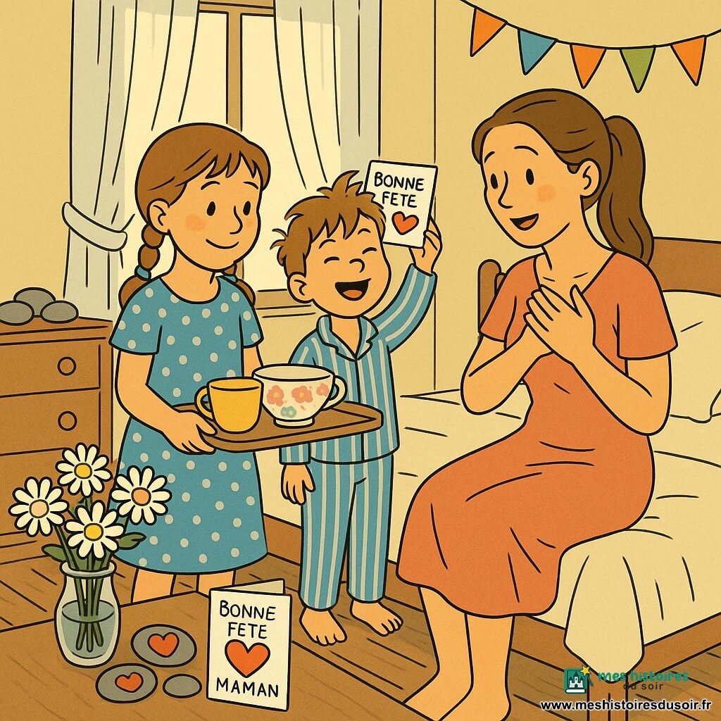 Une fillette de 10 ans, châtain clair en tresses, robe à pois bleus, sourit timidement en tenant un plateau avec un bol à fleurs et une tasse; son petit frère de 6 ans en pyjama rayé, cheveux en bataille, présente une carte dessinée, fier et malicieux; leur mère d'environ 35 ans, cheveux longs attachés, assise sur le lit, les yeux humides de joie et les mains sur la poitrine, découvre le petit-déjeuner et les dessins dans une chambre lumineuse au matin (rideaux blancs laissant passer une lumière dorée, vieux plancher, commode avec galets peints en cœur et guirlandes en papier), bouquet de pâquerettes, galets peints et carte bien visibles au premier plan.