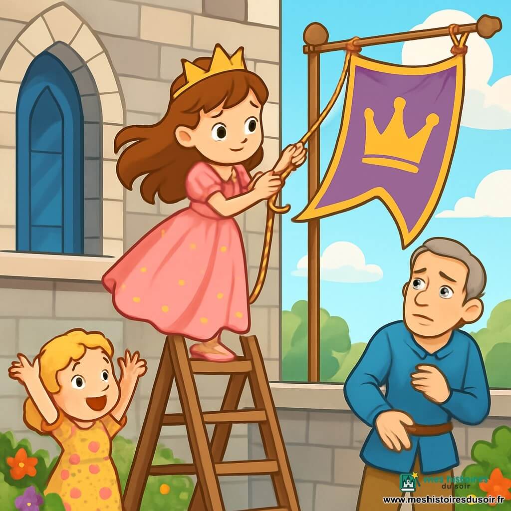 La princesse Liora, une fillette d'environ 8 ans, est perchée sur une échelle en bois, déterminée et douce. Elle porte une robe satinée rose ornée d'étoiles dorées, et ses cheveux châtains flottent au vent. Elle s'agrippe à une corde avec un léger sourire d'espoir. À ses côtés, un serviteur d'environ 30 ans, inquiet, la regarde, tandis qu'en bas de l'échelle, une fillette de 6 ans avec des boucles blondes l'encourage en levant les bras. La scène se déroule sur le balcon d'un château majestueux, surplombant un jardin coloré. Liora tente de défaire un nœud sur une corde qui retient une bannière brodée, créant une atmosphère de tension et d'espoir, tous attendant que la bannière s'élève.