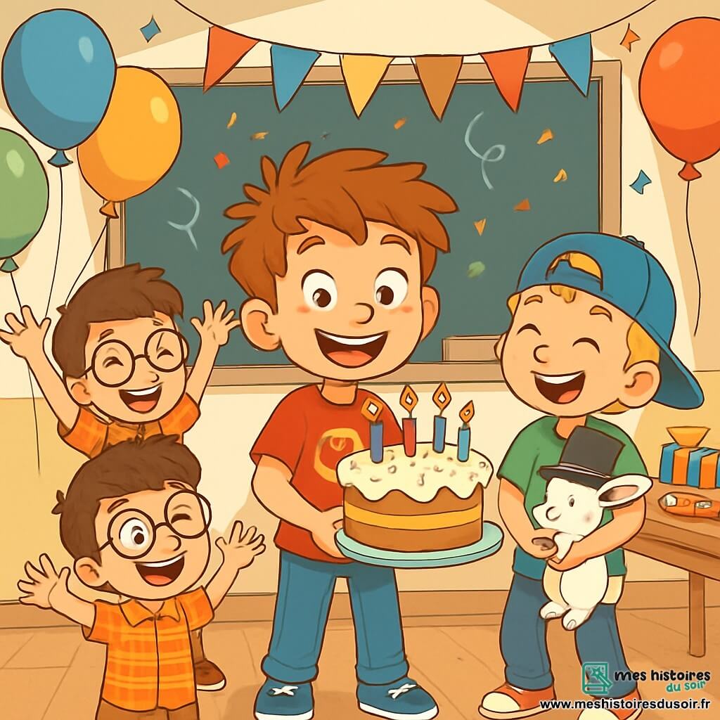 Quatre enfants célèbrent un anniversaire : Paul, 9 ans, au centre avec un gâteau, Lucas à gauche levant les bras, Sam à droite tenant un lapin blanc, et Tom derrière mimant un dragon. La salle de classe est décorée de ballons et de banderoles, avec un tableau souhaitant « Joyeux Anniversaire Paul ! ». Tous rient et jouent, créant une ambiance joyeuse et magique.