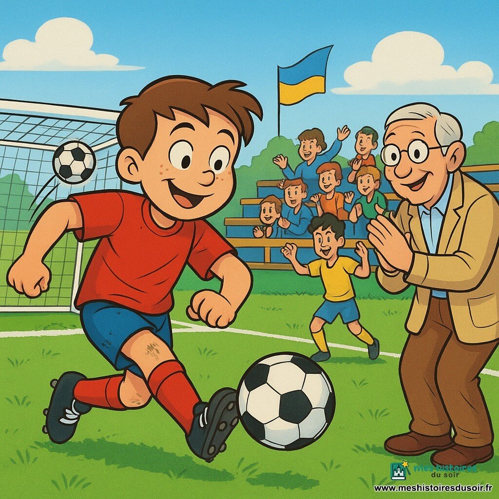 Max, adolescent au visage rond et souriant, cheveux châtain courts, passe précise du pied droit, corps penché, maillot rouge froissé et taches d'herbe aux genoux; M. Bernard, ~65 ans, cheveux gris et lunettes rondes, applaudit en bord de terrain en veste beige; un coéquipier de 14 ans, cheveux noirs en bataille, marque en extension au second plan, bras levés; amis et supporters sur des gradins en bois colorés avec drapeaux bleus et jaunes, enthousiastes; pelouse verte intense aux lignes blanches nettes, but en métal blanc, herbe légèrement écrasée près des marques, ciel bleu clair parsemé de nuages; ambiance lumineuse, couleurs saturées façon dessin animé des années 90, contrastes marqués et contours noirs épais; moment décisif et joyeux où la passe de Max conduit au but victorieux et à la célébration collective.
