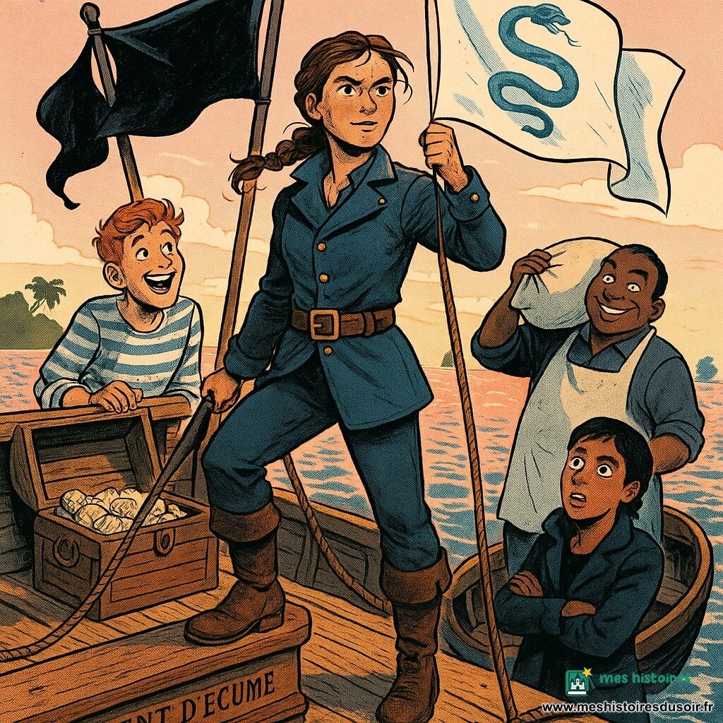 Capitaine Maëlys, visage bronzé tacheté de rousseur, cheveux bruns tressés avec mèches rebelles, veste de cuir bleu marine à boutons en laiton et bottes usées, se tient droite au mât, abaissant un pavillon noir et hissant un pavillon blanc brodé d’un serpent bleu, regard calme vers l’horizon; à ses côtés Nils, jeune homme d’environ 18 ans, taches de rousseur et chemise rayée, rit et l’admire appuyé au bastingage près d’un coffre de bois rempli de coquillages; Sacha, ~35 ans, à l’air malicieux et au tablier poudreux, porte un sac de farine sur l’épaule sur le pont; Irena, femme de 35–40 ans aux cheveux courts et manteau sombre, bras croisés sur le canot voisin, montre surprise et soulagement en voyant le pavillon blanc; pont en bois rainuré avec cordages et gouttes de mer, aube rose pâle, mer calme aux reflets dorés, un navire sombre au loin et une île palmée à l’horizon — moment de paix et de réconciliation centré sur la capitaine, contrastes entre ombres du pont et lumière douce de l’aube.