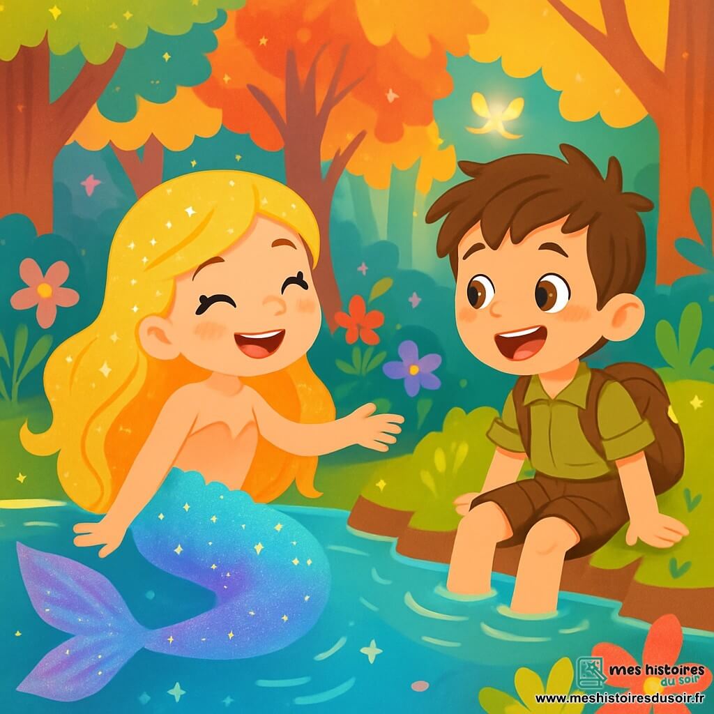 Une sirène aux cheveux d'or scintillants et à la queue irisée nage joyeusement dans un lac cristallin. Son visage est illuminé par un large sourire et ses yeux pétillent de curiosité. À ses côtés, Léo, un jeune garçon de 10 ans aux cheveux bruns en bataille, observe la sirène avec émerveillement, assis au bord du lac les jambes dans l'eau. Ils partagent un moment de complicité, riant ensemble sous une douce lumière dorée, dans une forêt enchantée entourée d'arbres aux feuilles multicolores et de créatures magiques.