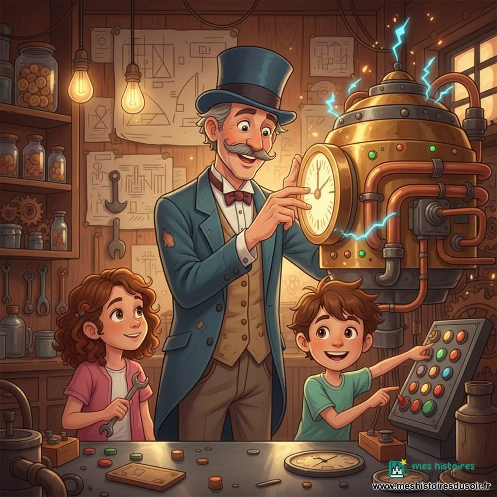 Monsieur Victor, moustache grise soignée et chapeau haut de forme bleu, sourit émerveillé en ajustant un grand cadran lumineux sur une machine brillante, les mains couvertes de traces d'huile; à sa gauche Clara, 9 ans, cheveux bouclés châtain, tient une petite clé à molette et regarde la machine avec curiosité; à droite Lucas, 9 ans, cheveux bruns en bataille, pointe un panneau de boutons colorés; l'atelier chaleureux, encombré d'étagères, outils et plans griffonnés, est baigné d'une lumière chaude; la machine à voyager dans le temps, en laiton poli avec cadrans ronds, tuyaux de cuivre, éclairs bleus et voyants clignotants, dégage une atmosphère magique et mécanique, promettant l'aventure.