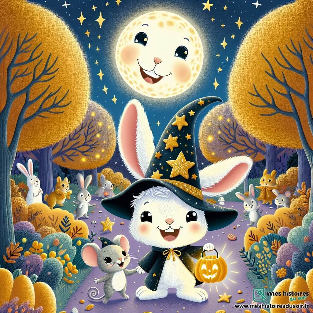 Un jeune lapin nommé Loulou, avec de longues oreilles et une fourrure blanche éclatante, se tient au centre de la scène, souriant de joie. Il porte un petit chapeau de sorcier noir orné d'étoiles dorées. À ses côtés, sa meilleure amie, Mimi, une petite souris grise avec de grands yeux, sourit en tenant une lanterne en forme de citrouille. Le décor est un Parc des Merveilles, rempli de citrouilles grimaçantes et de lanternes scintillantes, sous un ciel étoilé. Des arbres aux feuilles dorées et des buissons colorés créent une atmosphère magique. Loulou et Mimi rient ensemble, prêts à partir à la chasse aux bonbons, entourés d'autres animaux déguisés, impatients de vivre l'aventure d'Halloween.