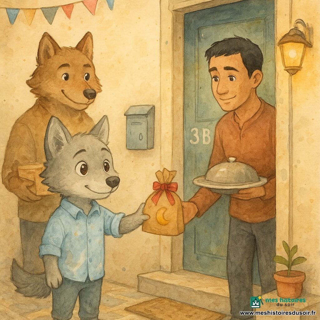 Petit Loup, jeune loup anthropomorphe au pelage gris clair et aux grands yeux noisette, tend un petit sachet en papier brun décoré d’un ruban rouge contenant des biscuits en forme de lune ; derrière lui, Papa Loup, grand et rassurant au pelage brun, tient une boîte de gâteaux et veille avec un sourire tendre ; en face, Monsieur Nadir, homme à la peau olive et à l’expression timide mais reconnaissante, se tient dans l’encadrement de sa porte numérotée 3B et reçoit le sachet en tenant un plateau couvert. La scène se déroule sur un palier d’immeuble chaleureux — murs crème, carrelage usé, paillasson, boîte aux lettres et une petite plante sur le palier — éclairée d’une lumière dorée et décorée de fanions festifs. L’échange simple et solidaire d’un paquet de friandises pour l’Aïd dégage une atmosphère douce et lumineuse, dominée de tons pastel et d’accents dorés.
