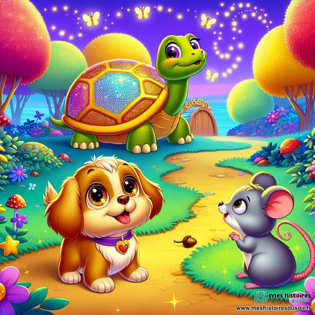 Biscotte, un petit chien caramel aux yeux pétillants et à la queue frétillante, se tient au centre d'une clairière, le museau levé vers le ciel violet, affichant une expression de joie. À sa droite, Miette, une souris grise avec de grandes oreilles, le regarde avec admiration, prête à l'accompagner. En arrière-plan, Dame Emeraude, une tortue géante au dos scintillant, observe la scène avec bienveillance. La clairière est entourée d'arbres colorés et de lucioles, avec un chemin de fleurs menant à une porte magique en bois. Biscotte, excité, vient de découvrir cette porte mystérieuse qui ouvre sur un monde enchanteur.