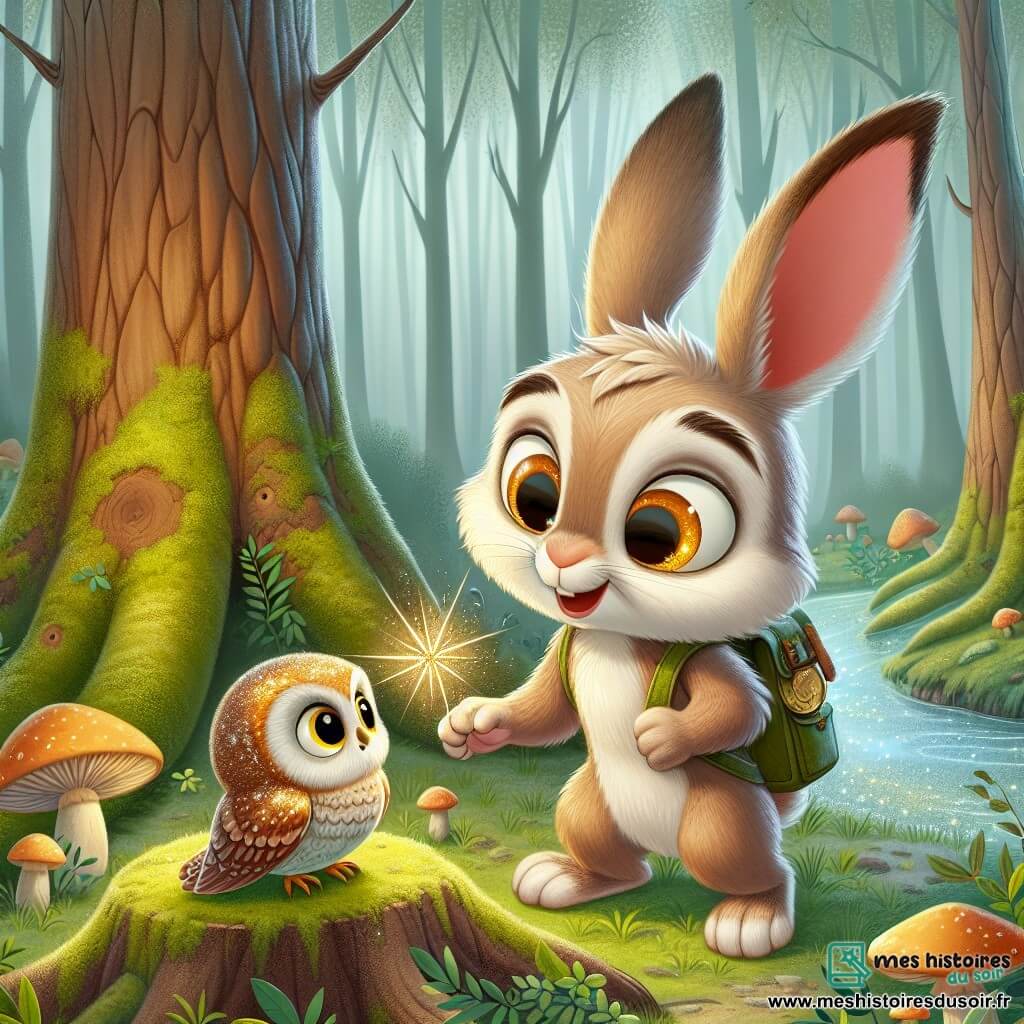 Noisette, un lapin aux grandes oreilles au pelage brun clair tacheté de blanc, se tient au centre de la scène, curieux d'une plume dorée qu'il tient dans ses pattes. À sa droite, Plume, une chouette beige aux grands yeux ronds, est perchée sur une branche, inquiète mais prête à aider. La scène se déroule dans la Forêt aux Brumes, entourée de grands arbres majestueux, de champignons lumineux et d'un ruisseau scintillant. Noisette et Plume sont déterminés à résoudre l'énigme de la plume dorée et à retrouver la pierre magique disparue.