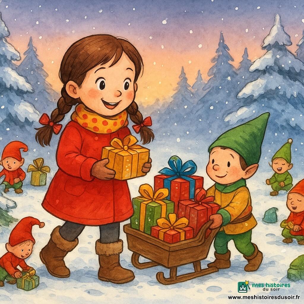 Une fillette de 6 ans aux deux nattes et manteau rouge tient une petite boîte brillante en souriant dans une clairière enneigée au coucher du soleil; un lutin masculin nommé Tino (≈40 cm, bonnet vert) tient un traîneau débordant de paquets scintillants pendant que plusieurs lutins en rouges, verts et or déposent des cadeaux près des sapins enneigés, créant une ambiance chaleureuse et magique malgré le froid, avec flocons lumineux et empreintes minuscules.