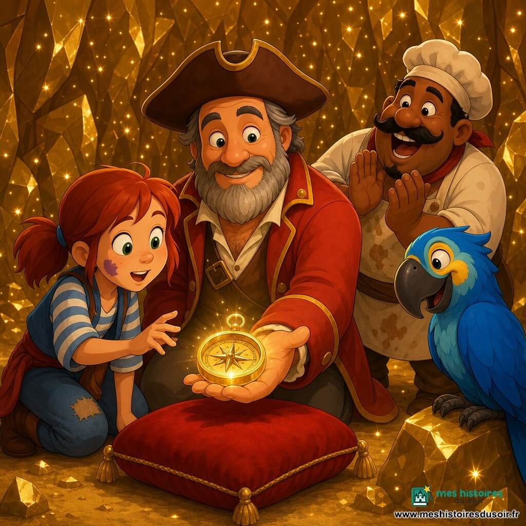 Capitaine Octave, homme d’une cinquantaine d’années au visage rond et barbe poivre et sel, veste rouge longue et chapeau de pirate brun, tient un petit compas doré brillant ; Marinette, fille d’environ 10 ans aux cheveux roux en couettes et une tache de confiture sur la joue, accroupie et la main tendue vers le compas ; Gédéon, cuisinier trapu d’une quarantaine d’années, tablier tâché et moustache en guidon, rit et applaudit en arrière-plan ; grand perroquet bleu perché à droite, plume vive et œil malicieux ; scène dans l’intérieur d’une caverne dorée aux parois scintillantes et milliers de petites lumières comme des étoiles, sol de sable fin et coussin de velours rouge sous le compas ; moment de découverte avec la lumière chaude du compas illuminant les visages, atmosphère joyeuse et solidaire, composition centrée sur le capitaine et couleurs chaudes dorées et rouges, style doux et rond type cel-shading 3D.