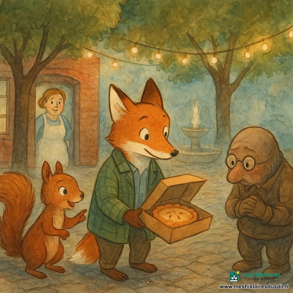 Félix, renard détective au centre, curieux et rassuré, museau pointu et pelage roux avec touches blanches, tient une boîte en carton ouverte contenant une tarte aux pommes dorée; à gauche Zoé, petite écureuil vive et malicieuse, noisette, queue touffue, pointe la boîte en souriant; à droite Monsieur Taupe, vieux taupe penaud aux lunettes rondes basses et gants de jardinage, légèrement courbé, mains jointes et regard contrit; en arrière-plan Madame Brioch’, boulangère souriante en tablier farineux, regarde la scène depuis l’entrée de sa boulangerie en brique; lieu : placette pavée au crépuscule avec pavés humides, fontaine, trois tilleuls formant une canopée, guirlandes lumineuses et bancs en bois; moment : découverte et restitution de la tarte, réconciliation et vérité, composition chaleureuse et intime, lumières douces, textures aquarelle et palette de tons chauds; détails : miettes, fil bleu nuit accroché à un seau et traces fines de roulettes sur les pavés.