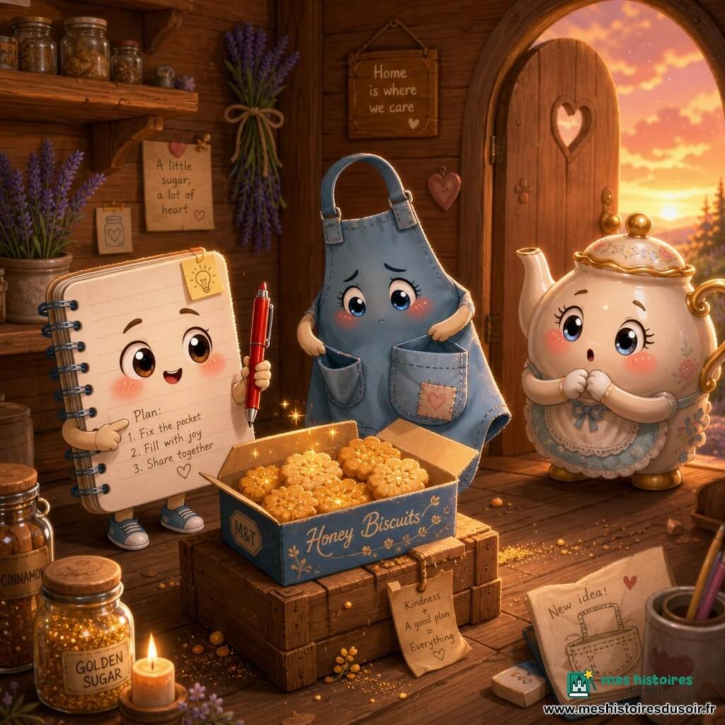 Milo, un petit carnet à spirale anthropomorphe au visage rond et aux yeux brillants, tient un stylo rouge et regarde une boîte de biscuits au miel ouverte posée sur une caisse en bois ; le Tablier Bleu, un tablier vivant bleu ciel aux grandes poches, timide et penaud, tient une poche vide près de la boîte tandis que Madame Théière, une théière ronde et brillante aux joues rosées, les observe à l’entrée de la cabane en mains jointes. L’intérieur est chaleureux : planches de bois, étagères avec bocaux d’épices, une bougie allumée, lavande accrochée et lumière orangée du crépuscule. Scène de révélation et réparation : quelques biscuits dorés et des miettes au sol, Milo propose calmement une solution, le tablier s’excuse et Madame Théière écoute ; composition centrée, expressions claires, palette douce (bleus, ocres, rose pâle) et détails mignons (paillettes comestibles, petites notes, initiales sur la boîte).