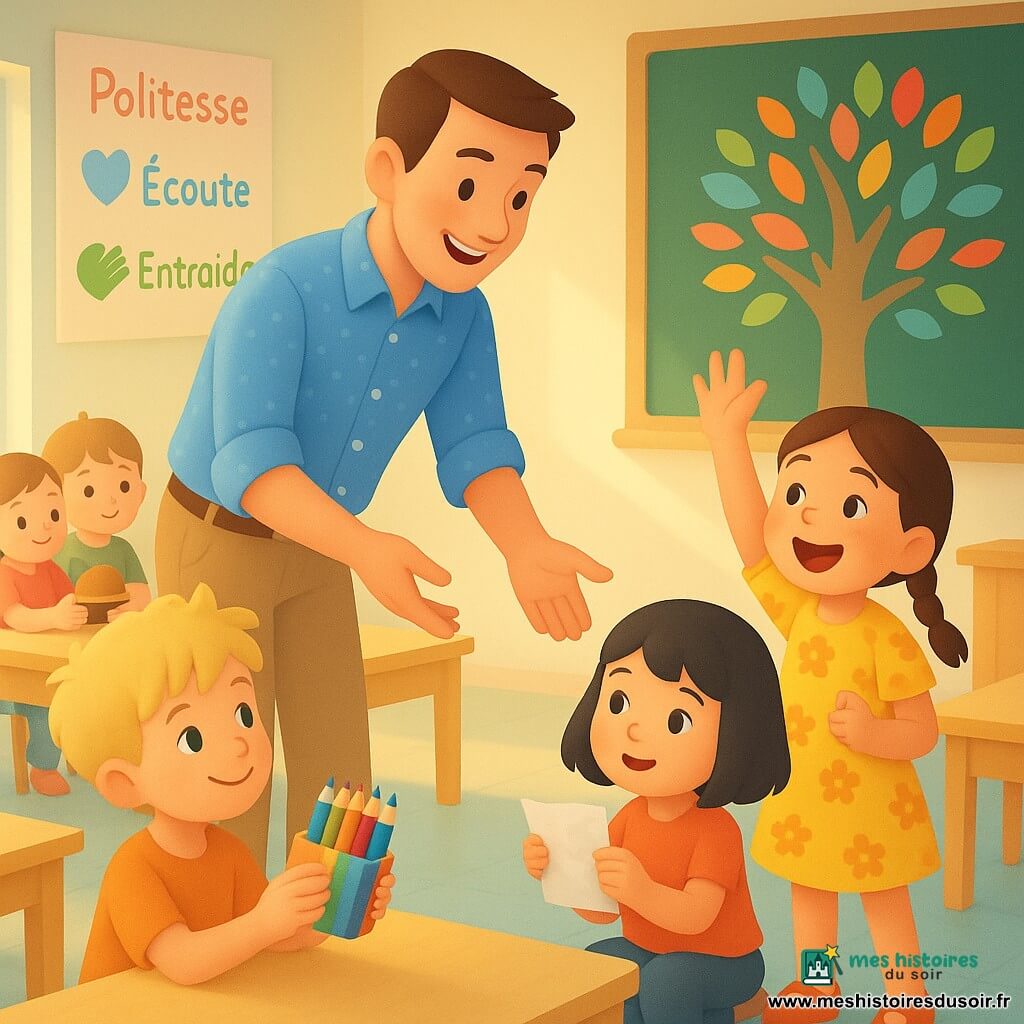 Un instituteur souriant et bienveillant, cheveux châtains courts, chemise bleue à pois blancs, tend la main vers un paquet de crayons tandis que Lili, environ 6 ans, en robe jaune à fleurs, lève la main avec enthousiasme à sa droite, Tom, assis au premier plan à gauche, montre fièrement le paquet retrouvé, Nina est accroupie devant une table en tenant une lettre froissée, et Lucas et Ana, côte à côte à l’arrière, partagent un petit chapeau de poupée ; la classe lumineuse et colorée, grandes fenêtres, tables en bois clair disposées en îlots, tableau noir décoré d’un arbre en papier et feuilles multicolores avec des mots en lettres rondes, et un grand poster des règles (rose pour la politesse, bleu pour l’écoute, vert pour l’entraide avec pictogrammes) ; la scène capture le moment chaleureux du rendu des crayons, la classe réunie en cercle sous une douce lumière matinale, palette pastel et textures lisses.