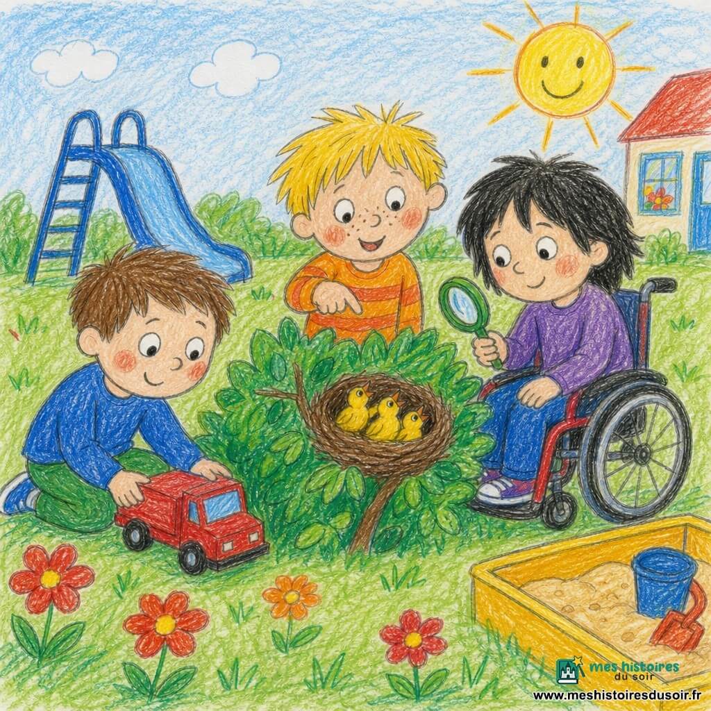 Trois garçons d'environ 6 ans dans un jardin d'école coloré : à gauche un garçon aux cheveux bruns courts, assis ramassant un petit camion rouge dans l'herbe ; au centre un garçon blond décoiffé, debout, pointant vers un nid dans un buisson ; à droite un garçon en fauteuil roulant aux cheveux noirs mi-longs, observant les oisillons avec une loupe jouet ; grand bac à sable jaune au premier plan, toboggan bleu à l'arrière, quelques fleurs et un soleil souriant ; scène joyeuse et douce, style dessin d'enfant aux couleurs vives, focus sur le camion rouge, le nid brun avec trois oisillons jaunes et les regards amicaux des enfants.