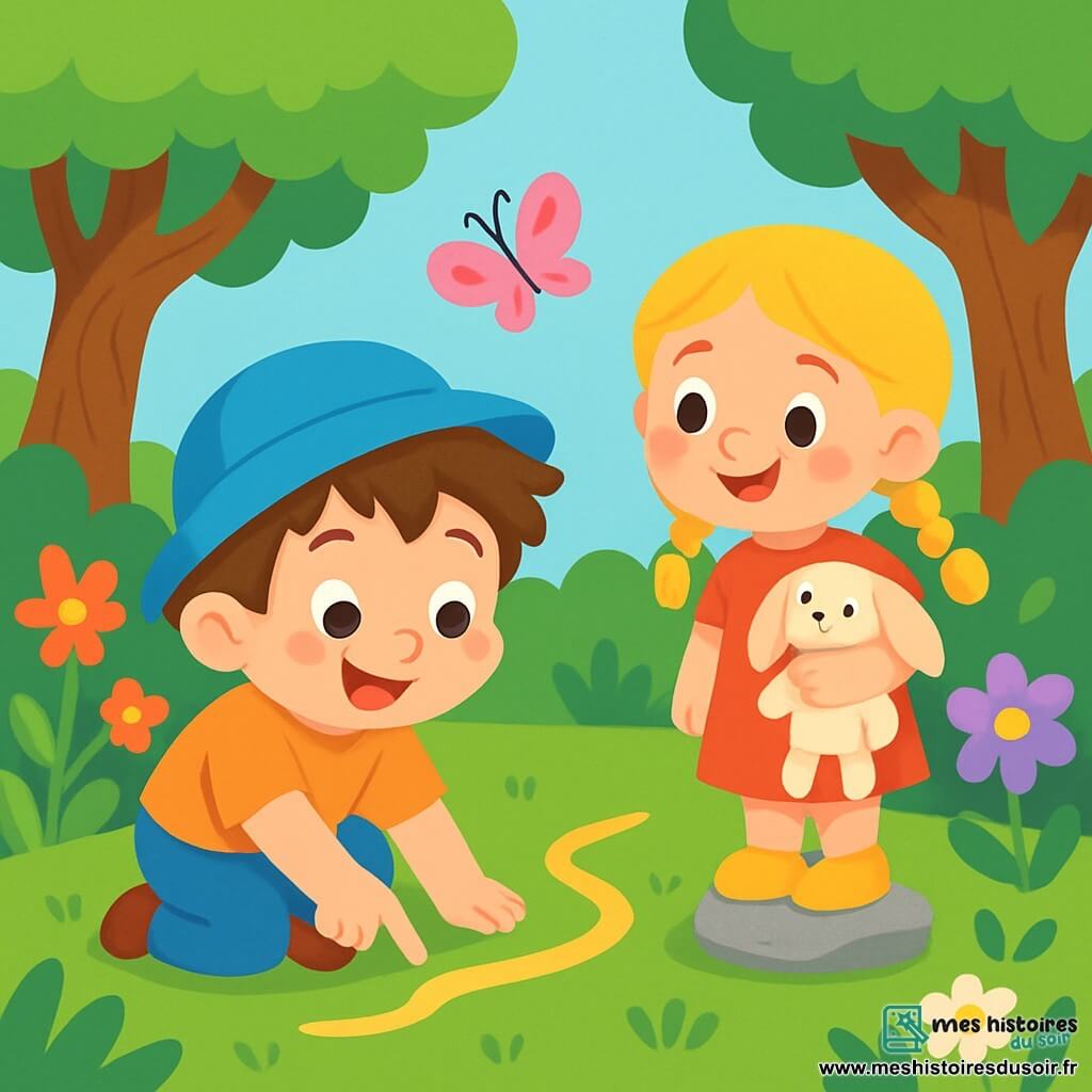 Léo, un petit garçon de 2 ans aux cheveux bruns en désordre et au sourire joyeux, porte un chapeau bleu vif. Accroupi sur l'herbe verte, il touche une trace dorée au sol, les yeux pétillants d'excitation. À ses côtés, sa meilleure amie Mila, 3 ans, avec des cheveux blonds en tresses et un doudou lapin, l'observe avec curiosité, souriante sur une petite pierre. Ils se trouvent dans un jardin enchanté, rempli de fleurs colorées et de grands arbres, tandis qu'un papillon rose vole autour d'eux. Léo et Mila, deux petits aventuriers, découvrent une mystérieuse trace dorée, prêts à suivre cette piste magique vers une nouvelle aventure.