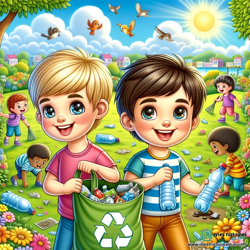 Deux garçons de 8 ans, Tom et Léo, se trouvent dans un parc ensoleillé. Tom, blond avec des yeux pétillants, sourit en tenant un sac de recyclage rempli de déchets. Léo, brun et souriant, ramasse une bouteille en plastique. Le parc est coloré avec des fleurs, des arbres et un ciel bleu, tandis que d'autres enfants rient et nettoient ensemble. La scène illustre leur effort collectif pour protéger la nature.