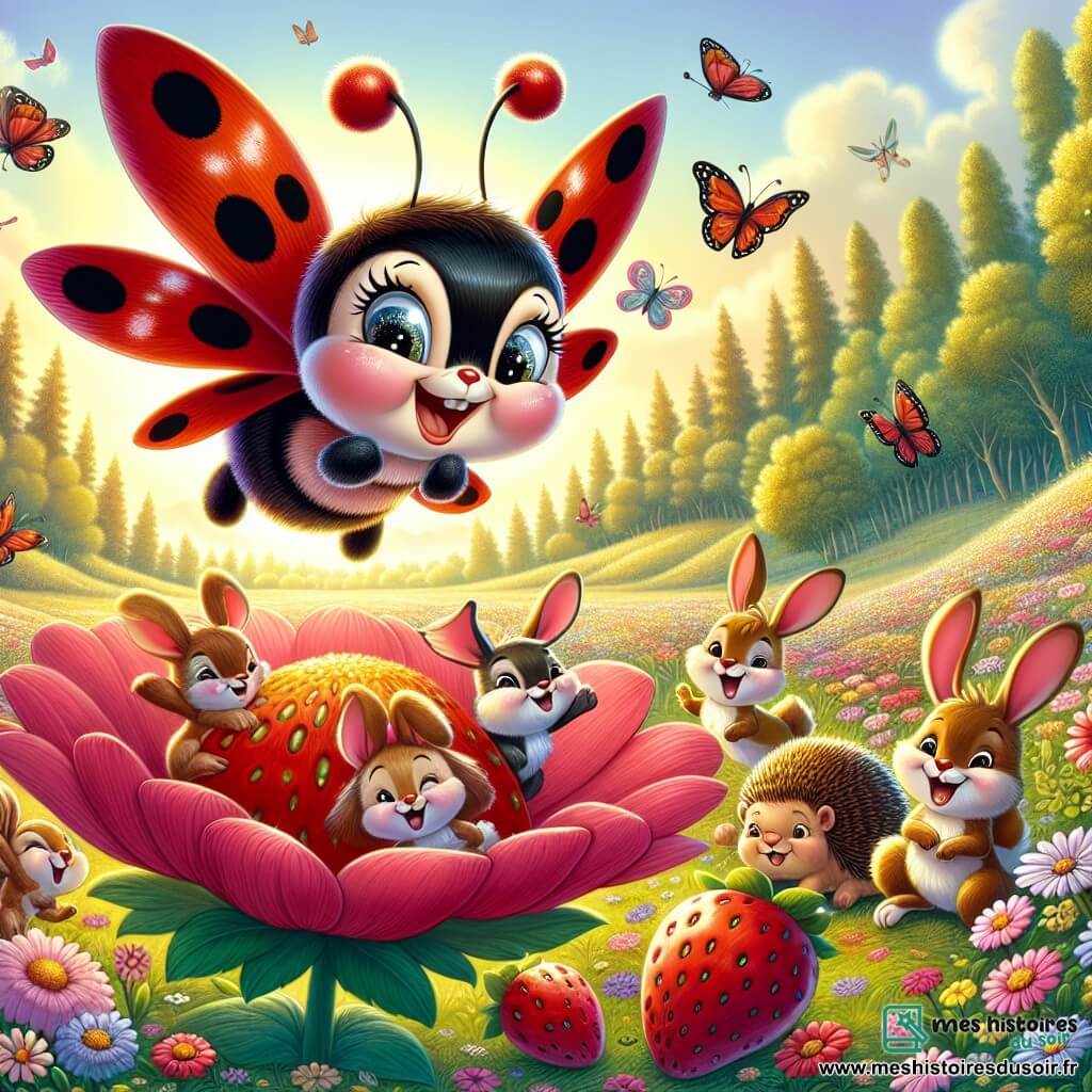 Une coccinelle nommée Lili, aux ailes rouges avec des taches noires, vole joyeusement au-dessus d'une clairière remplie de fleurs colorées. Elle exprime une immense joie, entourée de lapins aux grandes oreilles qui sautent autour d'une fleur géante, et d'un hérisson curieux reniflant une fraise. La clairière est illuminée, avec des fleurs dansantes et des papillons. Lili et ses amis découvrent la beauté de l'endroit, riant et jouant ensemble, prêts à partager un pique-nique de fraises sous un arbre, créant une ambiance joyeuse.