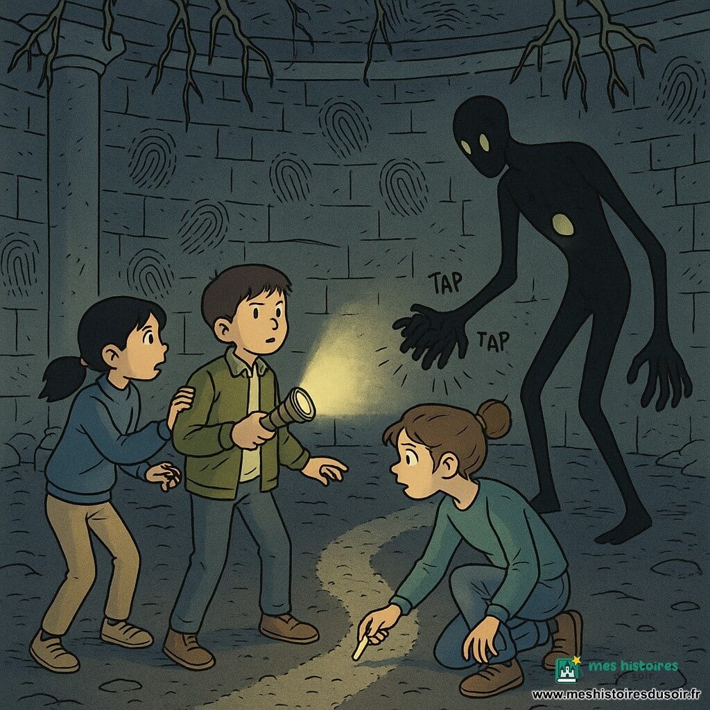 Quatre personnages : Éloi, garçon de 11 ans aux cheveux bruns courts, veste kaki, tenant un lampadaire de poche métallique devant lui, debout au centre, regard concentré ; Nour, fille de 11 ans aux cheveux noirs en queue, pull bleu, tenant la manche d’Éloi et sur la pointe des pieds à sa gauche, inquiète mais déterminée ; Lila, fille de 11 ans aux cheveux châtain en chignon désordonné, jean poussiéreux, craie blanche dans la main droite, accroupie à droite d’Éloi, prête à tracer un cercle ; le Gardien du Tapotement, grande créature sombre et élancée faite d’ombres, torse creux contenant une petite lueur jaune-verdâtre, mains en grappes de doigts, penchée face aux enfants. Lieu : grande salle souterraine ronde aux pierres humides, colonnes fines, plafond absent, murs couverts d’empreintes en relief rappelant des doigts, racines pendantes, sol sombre parsemé d’une poussière claire formant un sentier, lumière diffuse et atmosphère moite. Situation : scène tendue où les trois enfants affrontent la créature, la lueur flotte entre eux et le torse creux du Gardien, on perçoit le tapotement des doigts sur la pierre, la craie prête à tracer un cercle protecteur, expressions mêlant peur et courage, éclairage contrasté aux ombres longues et aux tons froids ponctués par la chaleur de la lumière.