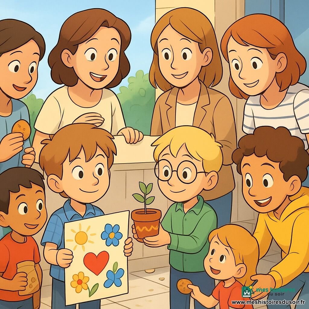 Huit personnages sur une terrasse ensoleillée : quatre garçons de 8 ans — Léo (châtain clair, t-shirt bleu à carreaux, tenant une grande carte colorée au centre), Samir (cheveux noirs courts, t-shirt rouge, un peu de farine sur le nez, offrant un petit paquet de biscuits à gauche), Malo (blond, chemise verte, lunettes rondes, tenant une petite plante en pot à droite) et Hugo (brun bouclé, sweat jaune, souriant, tendant un biscuit aux enfants devant la scène) — et leurs quatre mamans : la mère de Léo (robe claire, mains sur la carte, yeux brillants, centre gauche), la mère de Samir (cheveux attachés, chemisier bleu, riant, en retrait à gauche), la mère de Malo (veste beige, émue, en retrait à droite) et la mère d’Hugo (t-shirt rayé, souriante, penchée vers les plus petits à l’extrême droite) ; décor : terrasse d’immeuble avec dalles claires, bacs de menthe et rosiers, deux tables en métal et chaises, quelques miettes au sol, ciel bleu ; scène chaleureuse où les garçons offrent une carte, des biscuits et une plante aux mamans, expressions de surprise et de tendresse, couleurs vives (bleu, jaune, rouge, vert), éclairage doux du matin, style 3D cartoon en cel-shading avec légère plongée pour mettre l’accent sur les visages.