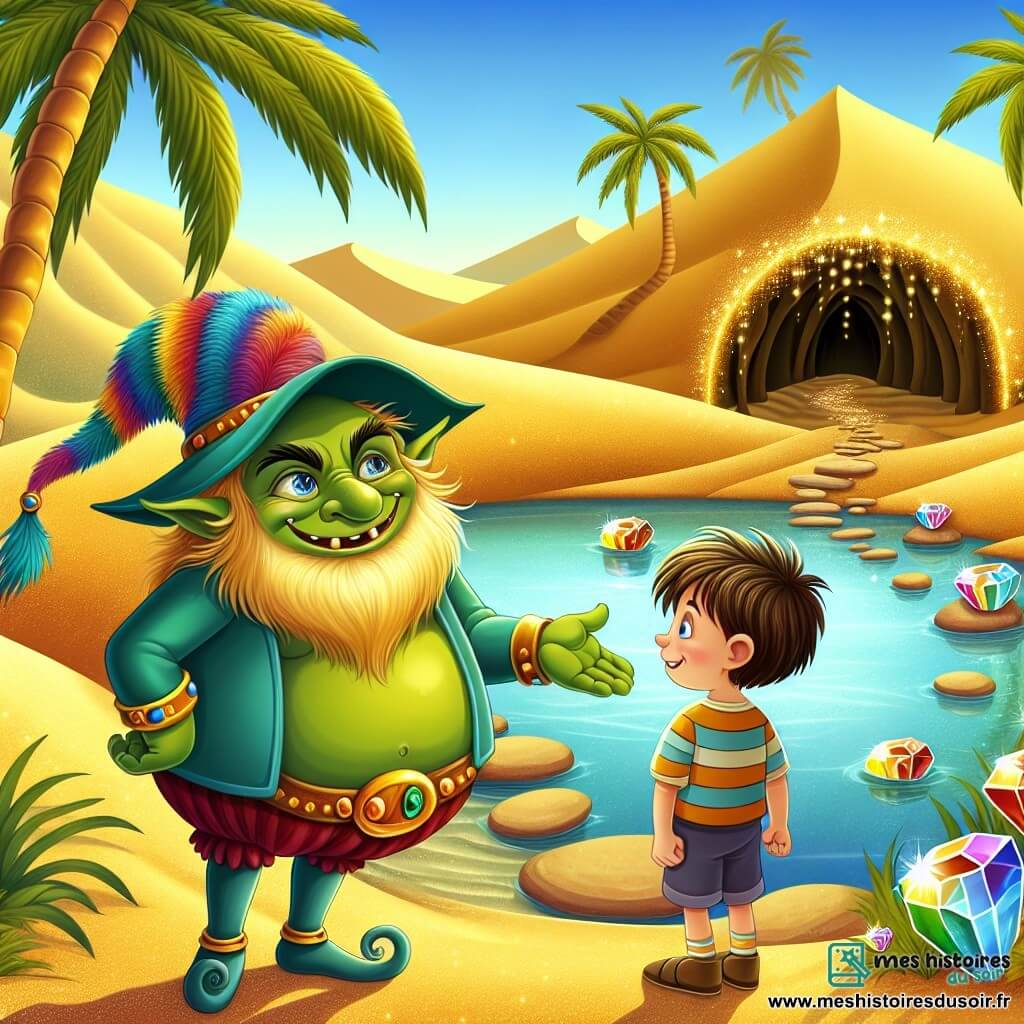 Un ogre souriant nommé Oscar, avec une peau verte, des yeux malicieux et un grand chapeau coloré, montre un chemin à Léo, un jeune garçon d'environ 10 ans, aux cheveux bruns en désordre et portant un t-shirt rayé et un short. Ils se trouvent dans une oasis cachée au milieu d'un désert doré, entourés de palmiers et d'un étang reflétant le ciel bleu, avec des pierres précieuses scintillantes. Oscar et Léo se tiennent devant l'entrée d'une caverne mystérieuse, entourés de lianes, où Oscar invite Léo à entrer pour découvrir des trésors et des merveilles.