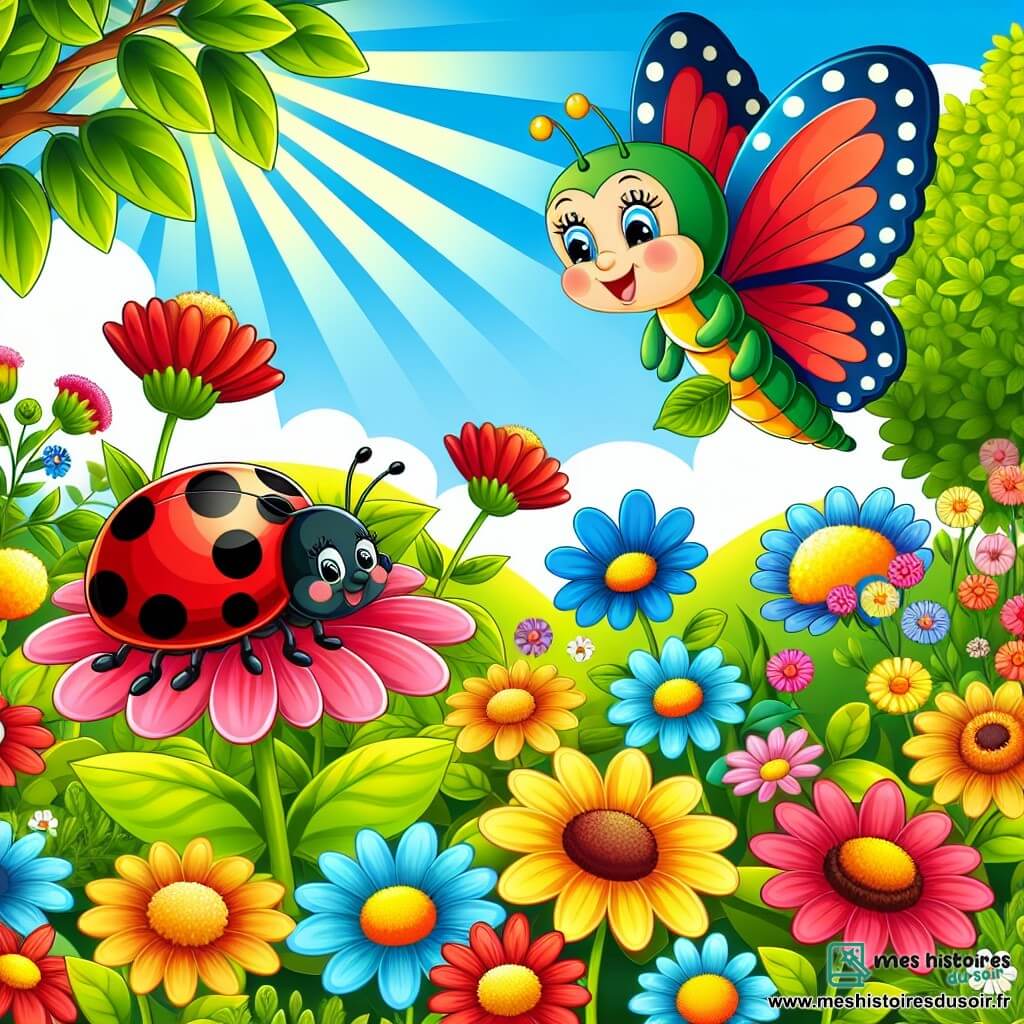 Illustration d'une coccinelle rouge joyeuse volant au-dessus d'un jardin coloré rempli de fleurs éclatantes. À ses côtés, un papillon bleu et jaune souriant vole gracieusement, tandis qu'une fourmi dynamique porte une feuille avec détermination. Le jardin luxuriant est baigné de lumière, avec des fleurs de toutes les couleurs sous un ciel bleu clair. La scène montre la coccinelle, le papillon et la fourmi unis dans une belle amitié, découvrant les merveilles de leur jardin, symbolisant la diversité et l'harmonie. D'autres éléments incluent des fleurs vives, des feuilles brillantes et un ciel ensoleillé, représentant la joie et l'unité.