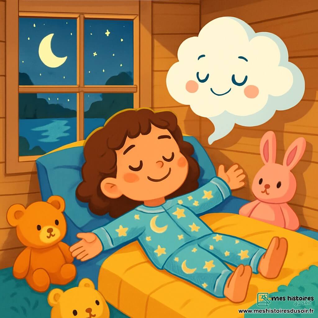 Une petite fille de 6 ans, Lucie, aux cheveux châtains bouclés et aux yeux pétillants, est allongée sur son lit moelleux avec un sourire apaisé. Elle porte un pyjama doux aux motifs d'étoiles et de lunes, les bras étendus comme si elle flottait. À côté d'elle, un nuage magique, souriant et bienveillant, chuchote des mots doux pour l'aider à se détendre. La scène se déroule dans une cabane chaleureuse avec des murs en bois clair et des fenêtres laissant entrer la lumière de la lune. Le lit est entouré de peluches colorées et d'un tapis moelleux, tandis qu'à l'extérieur, un lac scintille sous le ciel étoilé, créant une atmosphère paisible. Lucie respire profondément, les yeux fermés, enveloppée par l'ambiance de calme et de bien-être.