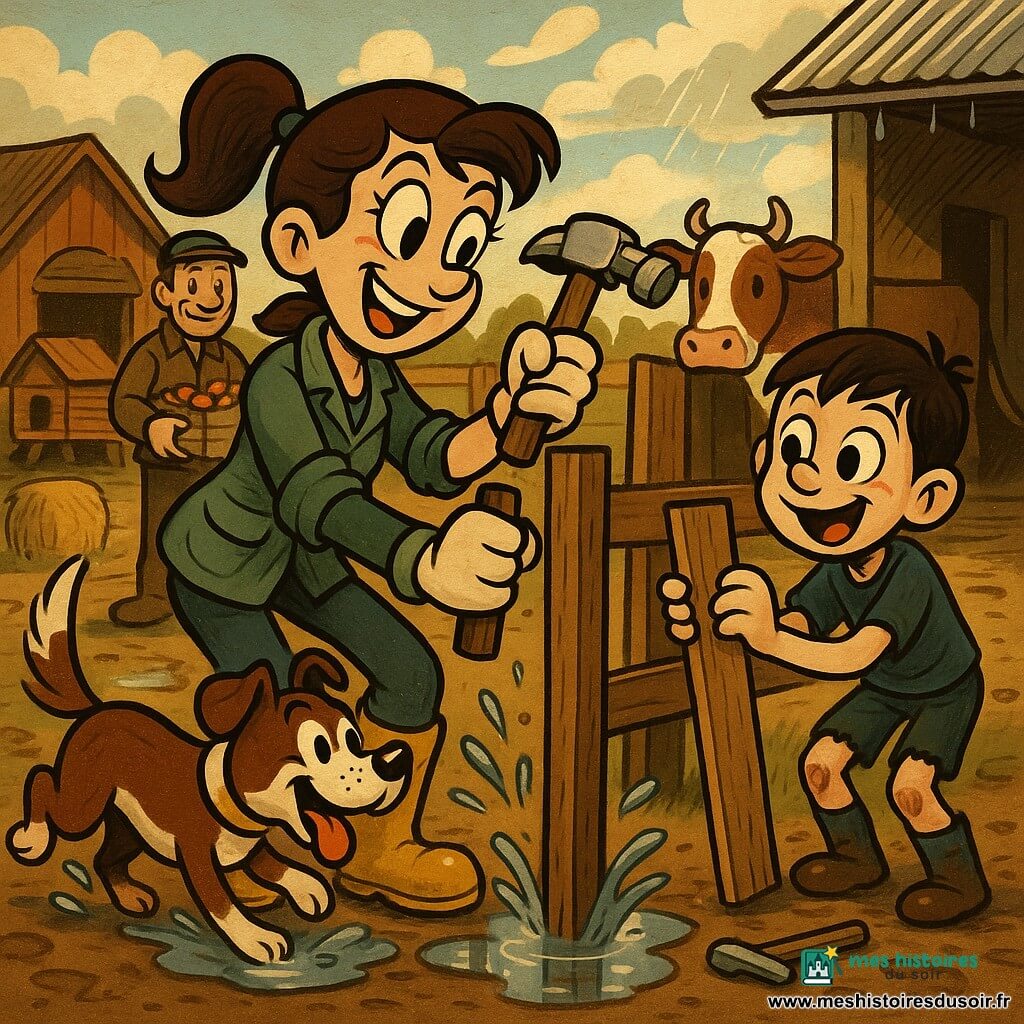 Claire, agricultrice souriante et concentrée, queue de cheval, veste verte et bottes boueuses, plante un piquet de clôture au marteau ; à sa droite Milo, 8 ans, enthousiaste et un peu mouillé, tient une planche près du clou ; derrière à gauche, Monsieur Karim, une quarantaine d'années, casquette, tient une caisse de pommes et sourit ; au premier plan, Tao, chien brun et blanc, remue la queue en éclaboussant une flaque ; Noisette la vache se tient paisiblement près de l'étable ouverte. La cour de la ferme après l'averse montre boue brillante, flaques réfléchissantes, outils et bottes de foin, poulailler peint et hangar en tôle perlant, ciel partiellement dégagé avec rayons de soleil ; scène de réparation de clôture conviviale, chaleureuse et dynamique, aux couleurs chaudes, traits simplifiés et textures visibles.