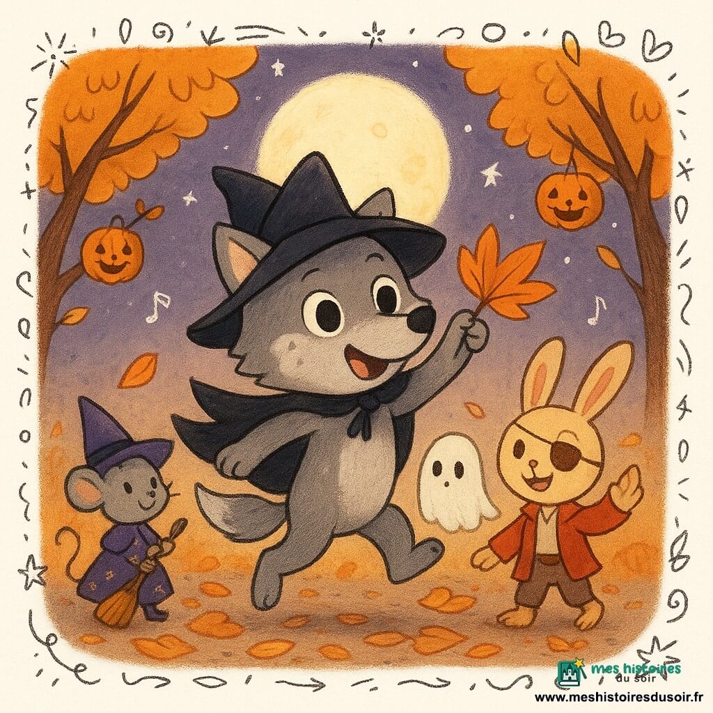 Petit loup anthropomorphe au pelage gris clair et taches blanches, cape noire et chapeau pointu trop grand, saute joyeux en agitant des feuilles orange; à ses côtés un petit fantôme drap translucide aux yeux timides flotte, derrière lui un lapin pirate à l'oreille levée, cache-œil marron, veste rouge et sabre en bois rit en agitant la patte, et une souris sorcière grise en robe violette étoilée tient un balai; la clairière sous une grande lune ronde, arbres aux feuilles dorées, tapis de feuilles froissées, lanternes-citrouilles suspendues et légère brume; scène nocturne d'Halloween chaleureuse et colorée (oranges, violets, gris), style dessin enfantin aux contours nets et textures feutrées, composition centrée sur le groupe avec petits doodles d'étoiles, feuilles et notes de musique.