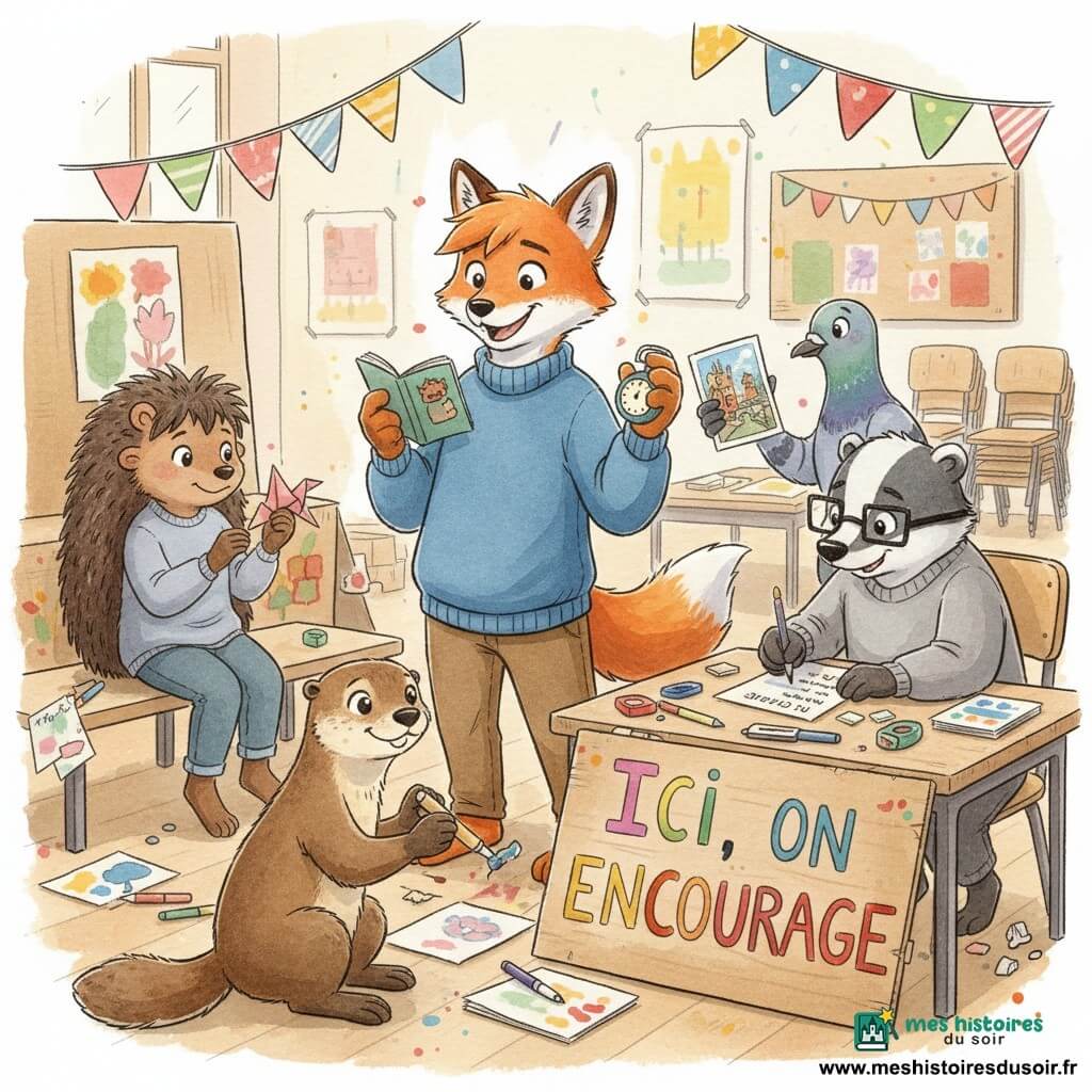 Malo, jeune renard anthropomorphe au pelage roux et sweat bleu trop grand, tient un carnet et un minuteur, l'air un peu embarrassé mais bienveillant, au centre; Aya, hérissonne timide à peau brune et cheveux courts, sourit et tient un origami inachevé assise à gauche; Nino, blaireau studieux aux lunettes carrées et pelage gris et blanc, écrit des consignes à droite; Lila, loutre joyeuse à fourrure brune, peint « Ici, on encourage » accroupie devant la table; Karim, pigeon voyageur gris bleu au regard curieux, montre des photos derrière la table; décor : salle de classe transformée en stand de fête avec tables décorées, feutres, guirlandes, panneaux peints et papiers au sol; scène collaborative et chaleureuse où les enfants animaux découpent, plient et discutent, rendu aquarelle doux à contours fins.