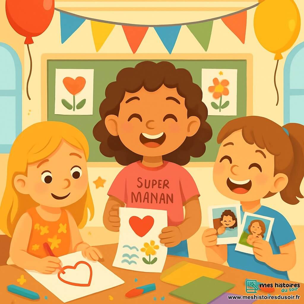 Il y a trois personnages : Élise, une fille de 8 ans avec des cheveux bouclés et bruns, portant un t-shirt rose "Super Maman", souriante au centre avec une lettre colorée ; Zoé, à gauche, avec des cheveux lisses et blonds, en robe à fleurs, dessinant un grand cœur ; et Lola, à droite, avec des cheveux châtains en queue de cheval, en t-shirt bleu, tenant des photos de moments passés avec sa maman. La scène se déroule dans une salle de classe décorée pour la fête des mères, avec des banderoles, des ballons et des créations artistiques. Les trois amies préparent un spectacle surprise pour leurs mamans, Élise lit son poème tandis que Zoé et Lola l'écoutent, ravies.