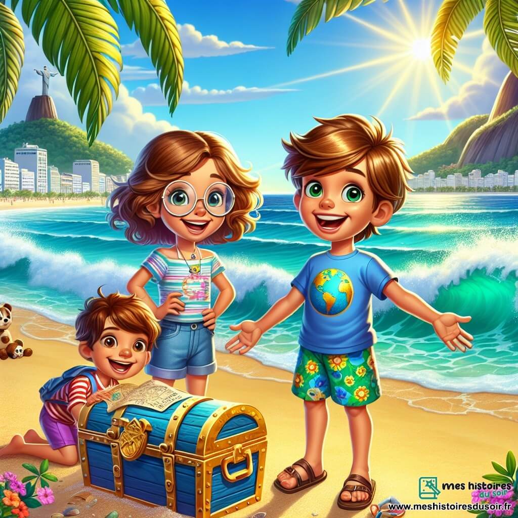 Louis, un garçon de 8 ans aux cheveux châtains et aux yeux curieux, se tient sur une plage de sable doré avec un grand sourire. Il porte un t-shirt bleu avec un globe terrestre et un short coloré, tenant une carte au trésor, les yeux fixés sur un coffre mystérieux dans le sable. À ses côtés, sa meilleure amie Zoé, également âgée de 8 ans, aux cheveux bouclés et lunettes rondes, s'agenouille près du coffre, émerveillée. Elle porte une robe légère à fleurs. En arrière-plan, Maxime, un garçon aux cheveux blonds et à la peau bronzée, lève les bras en signe de victoire, souriant à ses amis. La scène se déroule sur la plage de Copacabana à Rio de Janeiro, avec des palmiers, des vagues turquoise et la statue du Christ Rédempteur en arrière-plan. Louis et ses amis découvrent un coffre au trésor, vivant une aventure inoubliable.
