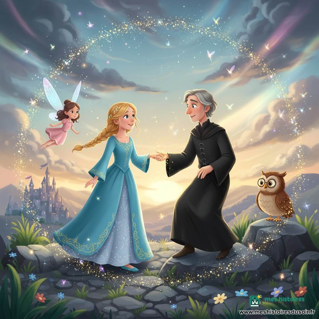 Princesse Élodie (≈10 ans) souriante, robe bleu ciel brodée d’or, cheveux blonds tressés, tend la main droite au sorcier Grimbald (≈45 ans, surpris et attendri, robe noire éclaircie aux bords, cheveux grisonnants) qui l’accepte timidement en reculant sur un rocher ; la fée Lila vole à gauche avec des ailes translucides irisées et une robe rose pâle, lançant des étincelles dorées formant un arc lumineux ; Sir Armand, hibou conseiller aux grosses lunettes et plumes brunes, est perché à proximité et observe sagement ; décor : sommet de montagne sombre aux nuages qui se dissipent, pierres grises, touffes d’herbe, fleurs lumineuses et au loin le château de Lumiville sous des rayons de soleil ; scène centrale : réconciliation — la princesse offre la lumière, le sorcier l’accepte, des faisceaux colorés et petites fées forment un bouclier lumineux dissipant la tempête, ambiance chaleureuse, couleurs vives et contrastes nets, style enfantin.