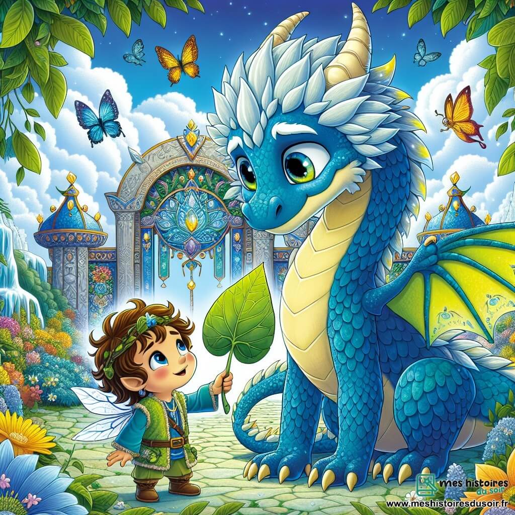 Un dragon majestueux nommé Flammèche, avec des écailles bleues et des yeux gentils, se tient au centre de l'image, prêt à aider un ami. À ses côtés, un farfadet nommé Pixi, un petit garçon aux cheveux ébouriffés, admire Flammèche tout en pointant une feuille géante qui l'a piégé. En arrière-plan, un sanctuaire magique avec une porte ornée de pierres précieuses, des fleurs scintillantes et des rivières de limonade est visible sous un ciel bleu parsemé de nuages. Flammèche libère Pixi de la feuille géante, illustrant l'amitié et le courage, tandis que des papillons géants dansent autour d'eux.