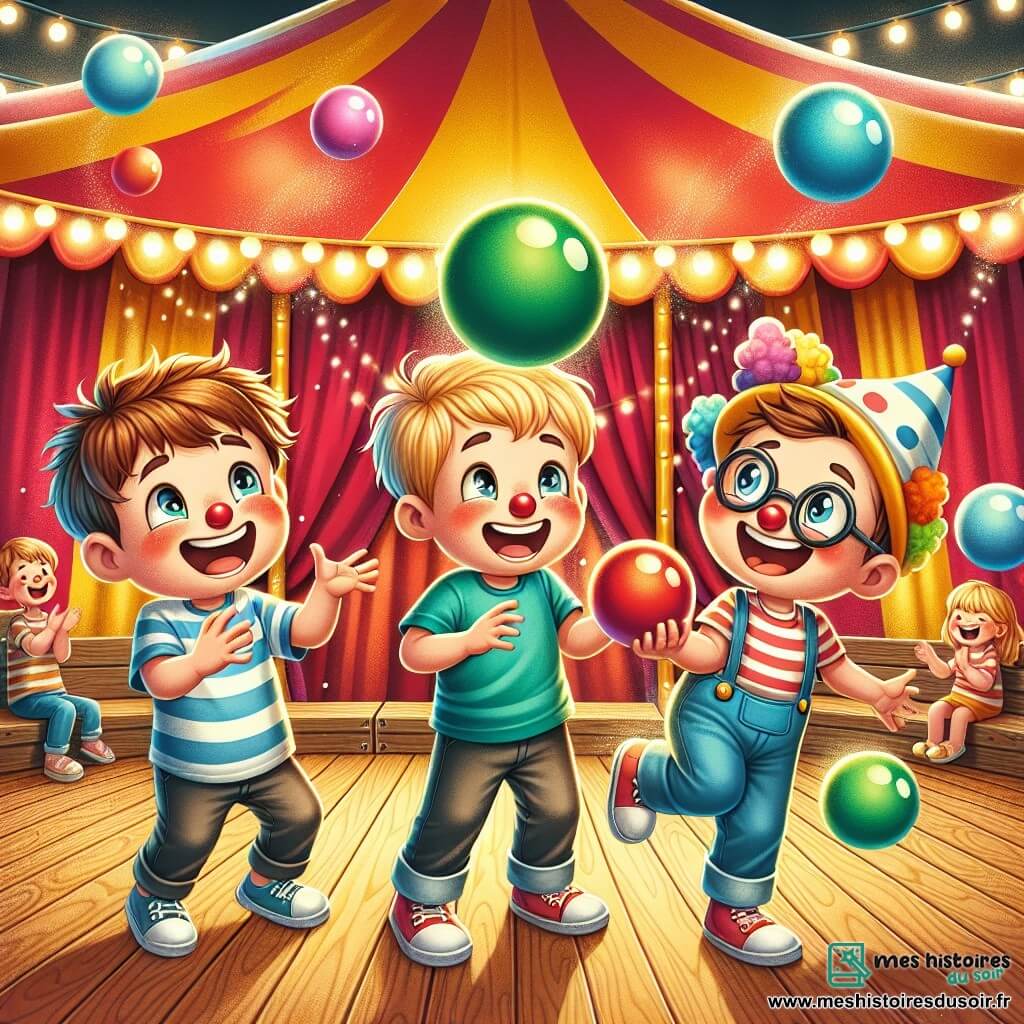 Trois garçons de 8 ans, Léo, Tom et Max, se trouvent au centre d'une grande tente de cirque colorée. Léo, avec des cheveux bruns et un t-shirt bleu, rit en tenant une balle rouge. Tom, blond et portant un chapeau de clown, s'apprête à lancer une balle verte. Max, avec des lunettes rondes et un t-shirt rayé, court après une balle sous une chaise. La scène se déroule sous une immense tente ornée de rayures rouges et jaunes, avec des lumières scintillantes et des spectateurs amusés. Les amis essaient de jongler avec des balles multicolores, provoquant des rires, et Léo fait accidentellement tomber sa balle dans un seau d'eau, éclaboussant tout le monde autour.