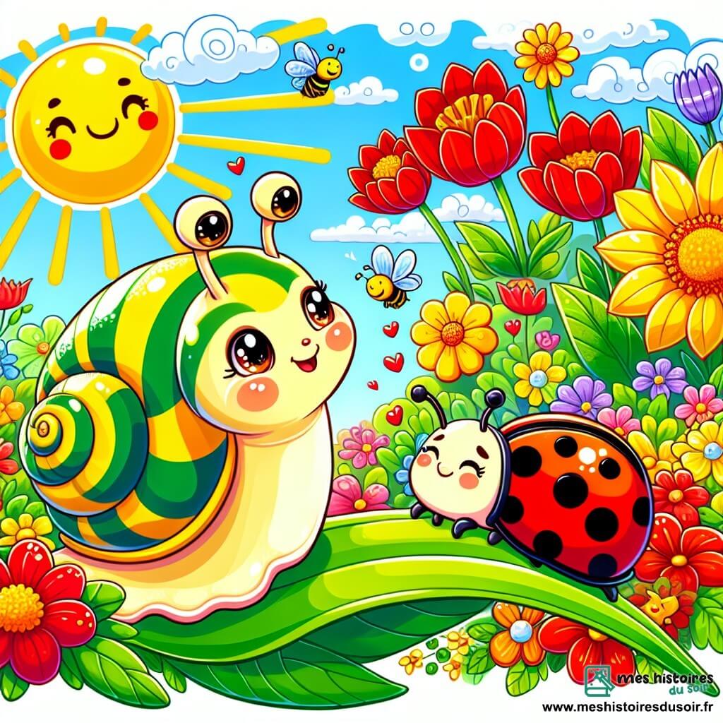 Illustration d'un escargot curieux avec une coquille rayée de jaune et de vert, avançant lentement sur une feuille verte. À proximité, une coccinelle rouge souriante se pose sur une fleur colorée. Le jardin est vibrant avec des tulipes rouges, des jonquilles jaunes et des tournesols dorés sous un ciel bleu clair. L'escargot et la coccinelle explorent ensemble ce jardin fleuri, tandis que des abeilles bourdonnent. En arrière-plan, des enfants cherchent des œufs de Pâques parmi les fleurs, ajoutant une touche de magie à cette scène printanière.