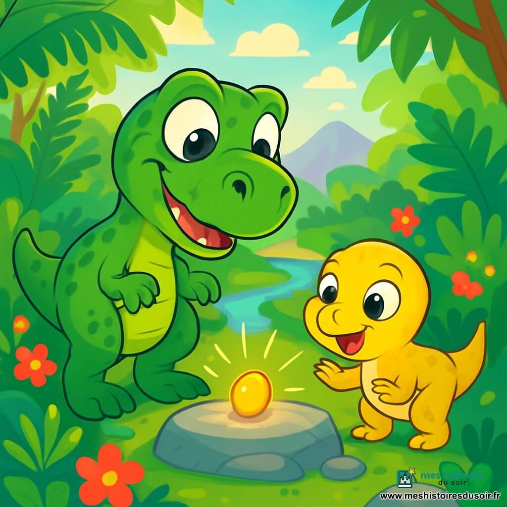 Un jeune Tyrannosaure Rex, aux écailles brillantes, se tient fièrement au centre de la scène, exprimant une curiosité joyeuse en observant une graine lumineuse sur une pierre. À ses côtés, sa petite sœur Nola, avec une peau jaune et des yeux pétillants, s'approche, émerveillée. En arrière-plan, une vallée luxuriante est remplie de fougères géantes, de fleurs colorées et d'un ruisseau scintillant. La lumière du soleil filtre à travers les feuilles, créant des ombres dansantes. Tyrio et Nola sont captivés par la magie de la graine qui commence à briller, promettant une aventure extraordinaire.