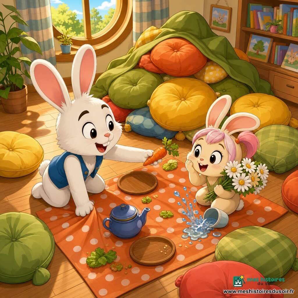 Rémi, grand lapin blanc aux oreilles roses, malicieux, en petit gilet bleu, arrange une nappe à pois orange et tend une carotte; Lila, petite lapine crème aux mèches roses et yeux ronds, surprise et joyeuse, tient un bouquet de marguerites et a renversé un gobelet d'eau qui éclabousse; autour, coussins colorés (jaune, vert, rouge) empilés en montagne, assiettes en bois, petite théière, miettes et feuilles de laitue sur la nappe; salon chaleureux et lumineux avec parquet clair, grande fenêtre ronde à rideaux rayés, plantes en pot et étagère de livres d'images, lumière douce du soleil; scène : pique-nique improvisé plein de rires, éclaboussures brillantes et montagne de coussins transformée en aventure, perspective en légère plongée.