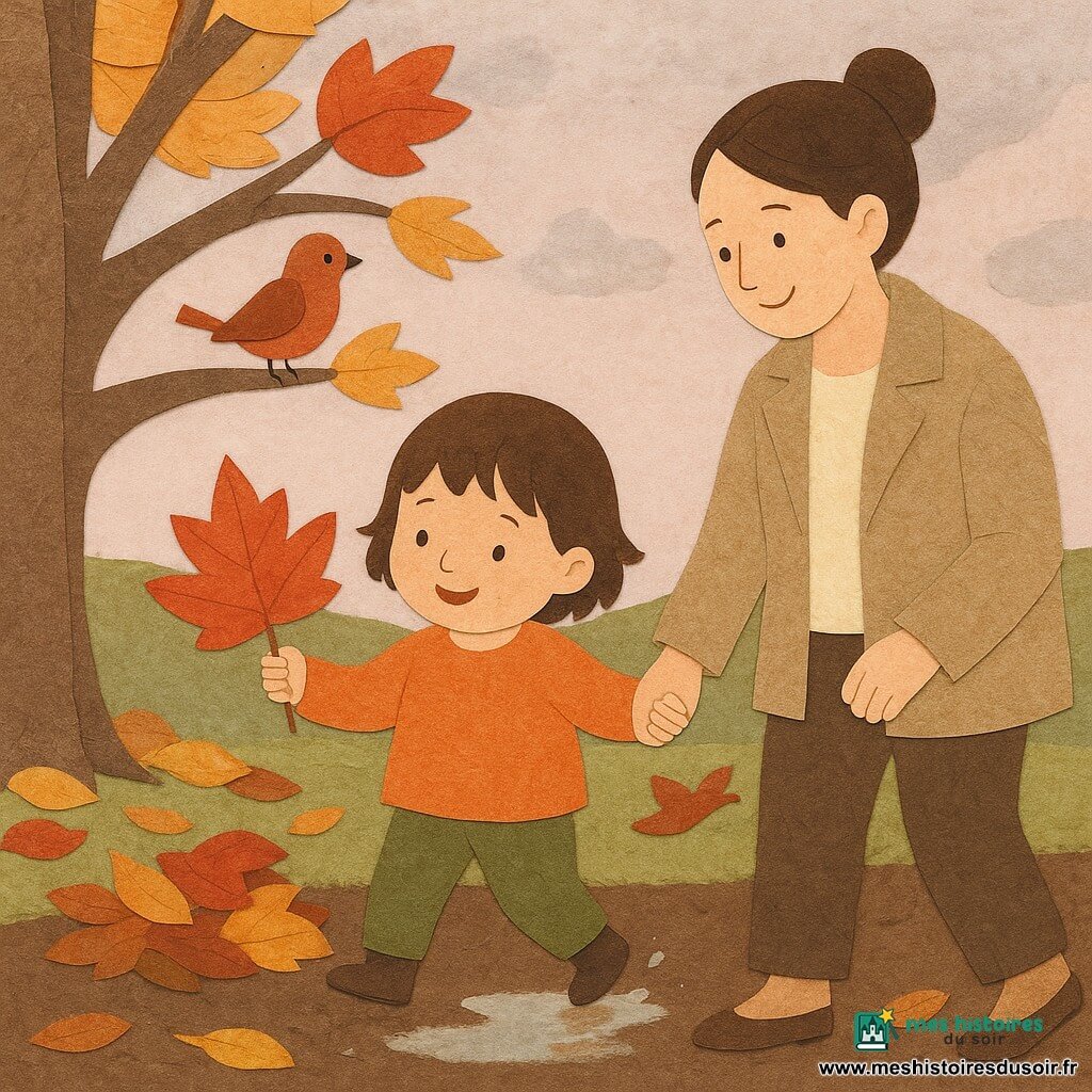 Une fillette de 2 ans, joyeuse et curieuse, cheveux bruns courts, porte un pull orange et un pantalon kaki, tient un panier en osier et ramasse une grande feuille rouge tandis que sa mère d'une trentaine d'années, souriante, cheveux attachés et veste beige, la tient par la main ; un petit oiseau roux sur une branche observe la scène dans un jardin d'automne humide aux tas de feuilles rouges, jaunes et brunes, un grand chêne aux branches mobiles, un ciel rose pâle mêlé de gris et une petite flaque réfléchissante près des pieds, le tout présenté en formes découpées de papier texturé, couleurs chaudes et contrastées, contours nets et atmosphère calme et lumineuse.