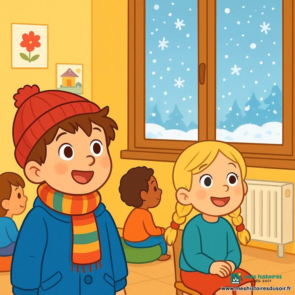 Un petit garçon de 6 ans, Tom, avec des cheveux châtains en bataille et des joues roses, regarde émerveillé par la fenêtre de sa classe. Il porte un manteau bleu vif, un bonnet rouge et une écharpe rayée. À côté de lui, Louise, une petite fille de 6 ans avec des cheveux blonds tressés, sourit en regardant la neige tomber. D'autres enfants sont assis sur des coussins colorés, captivés par le spectacle. La scène se déroule dans une classe chaleureuse aux murs jaunes, avec des dessins accrochés et une grande fenêtre donnant sur un paysage enneigé. Tom et ses camarades, assis confortablement, observent la neige qui crée une atmosphère paisible et magique.
