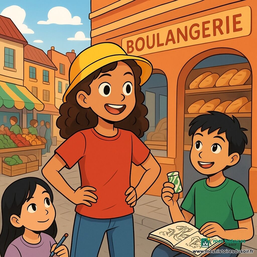 Lila, une fille de 12 ans aux cheveux bruns bouclés et portant un chapeau jaune vif, se tient devant la boulangerie de son quartier, les mains sur les hanches, pleine de détermination. À ses côtés, Yacine, 11 ans, avec des cheveux noirs, sourit tout en tenant un paquet de bonbons à la menthe. Mei, une fille asiatique de 12 ans, admire Lila en dessinant des dragons dans son carnet. La rue animée est bordée de maisons colorées, avec des étals de fruits et légumes frais et l'odeur du pain chaud. Lila, énergique, est prête à partager sa recette de cuisine, entourée de l'effervescence joyeuse d'un quartier multiculturel.